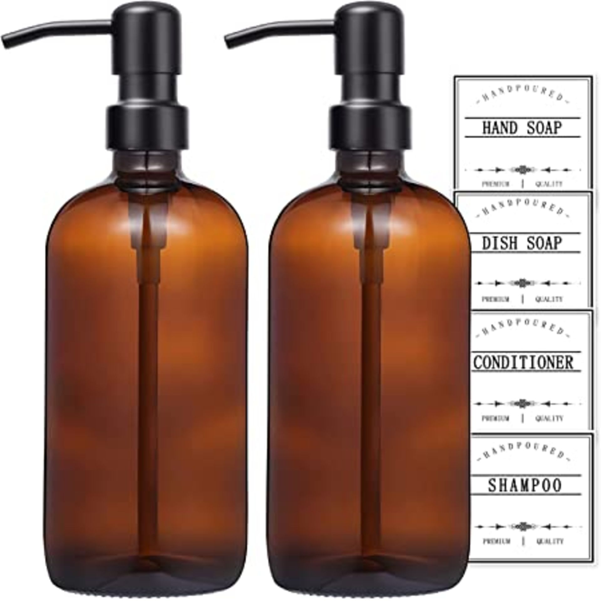 RRP-£16 MIUSITE 2 Pack Amber Soap Dispenser with Stainless Steel Pump,500ml Brown Glass Soap Dispens