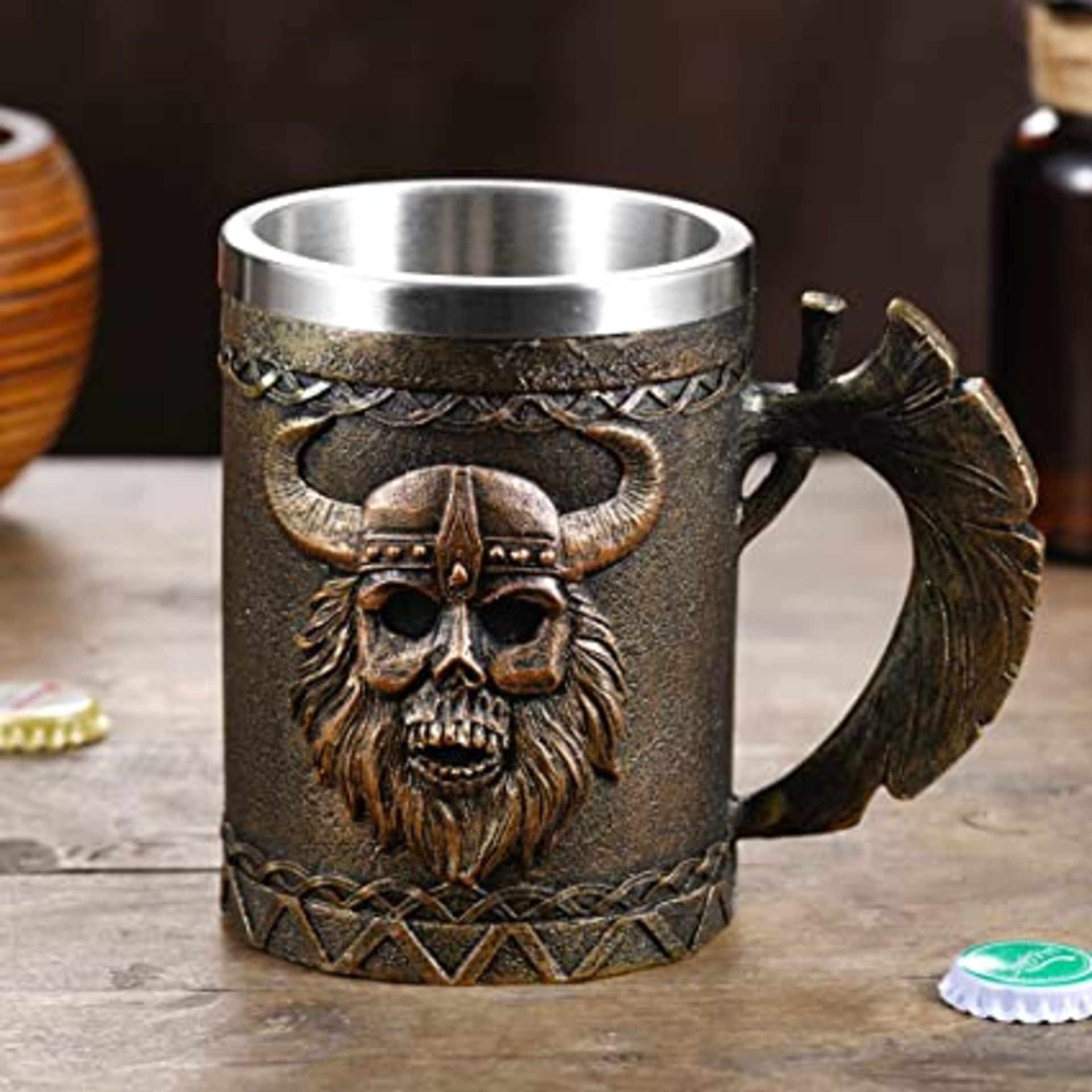 RRP-£12 Arola Viking Axe Mug, Stainless Steel Horn Skull Beer Cup, Viking Warrior Skull Mug Tankard,