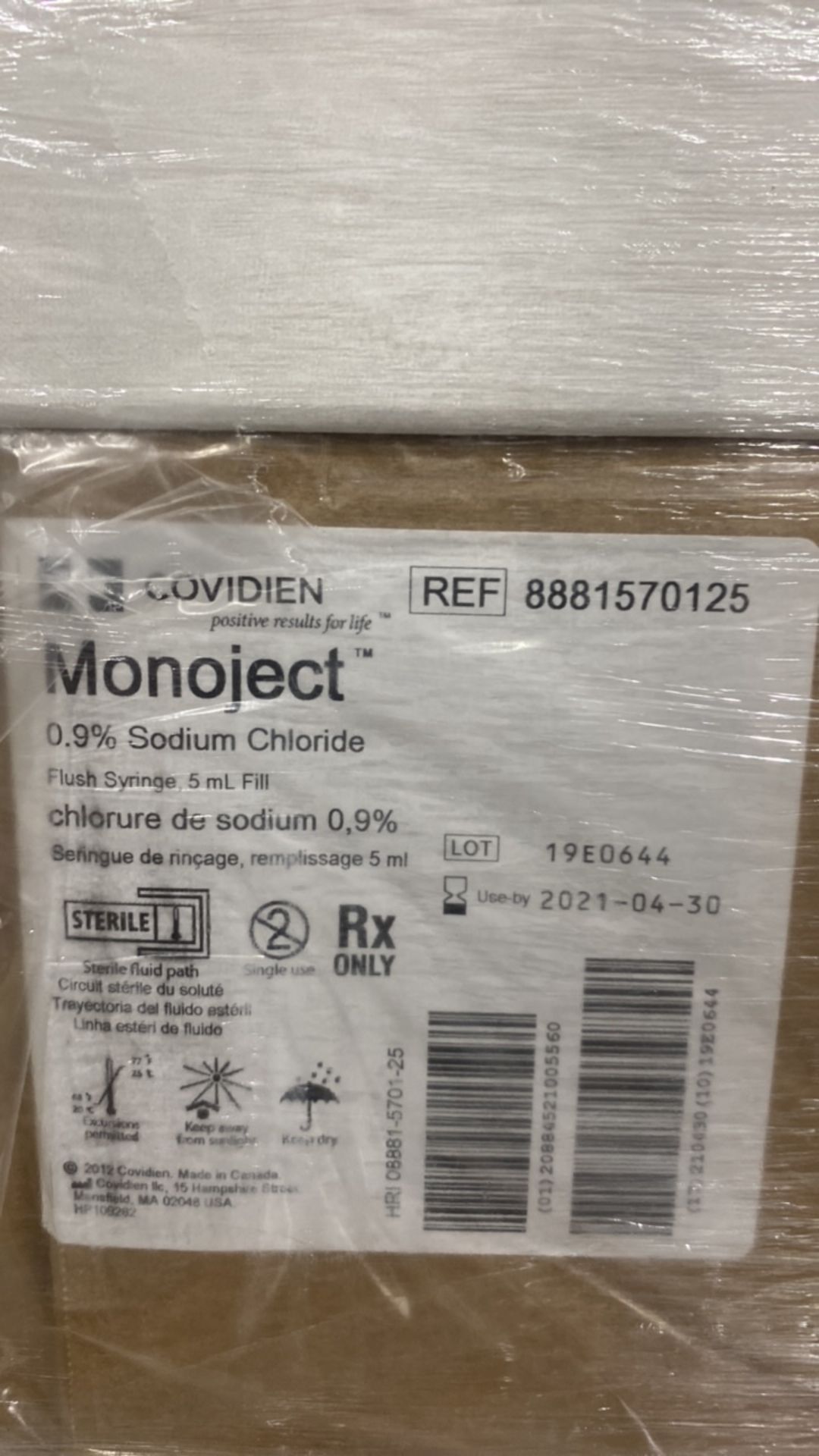 COVIDIEN MONOJECT REF #: 8881570125 5ML 0.9% SODIUM CHLORIDE FLUSH SYRINGE EXP: EXP. 04/2021 QTY: