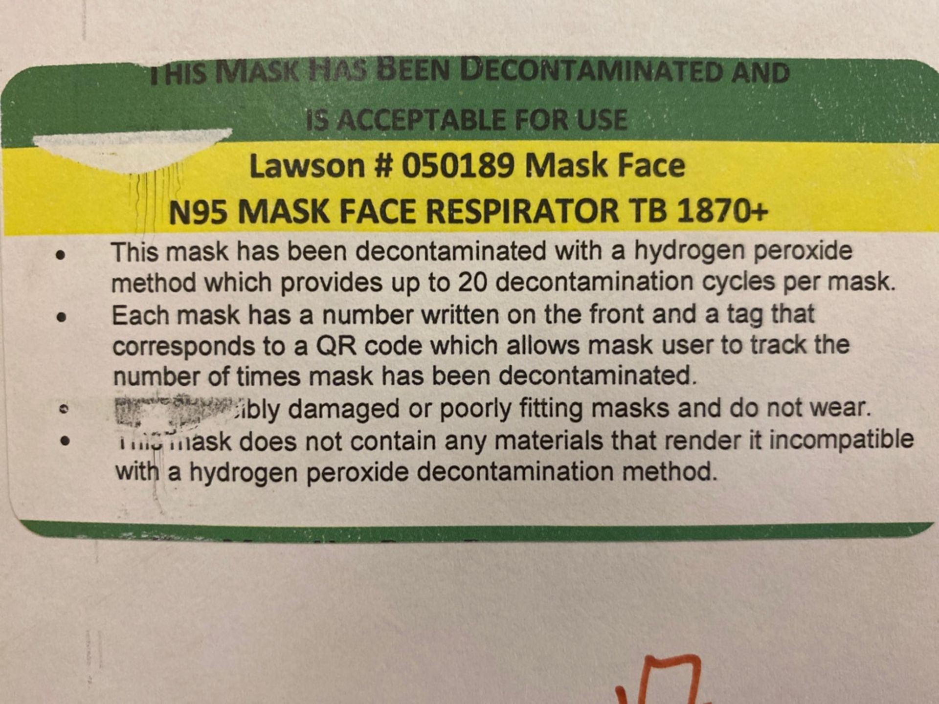 LAWSON 1870+ REPROCESSED N95 MASKS QTY:3 CASES/ 20 X 20 BAGS - Image 2 of 3