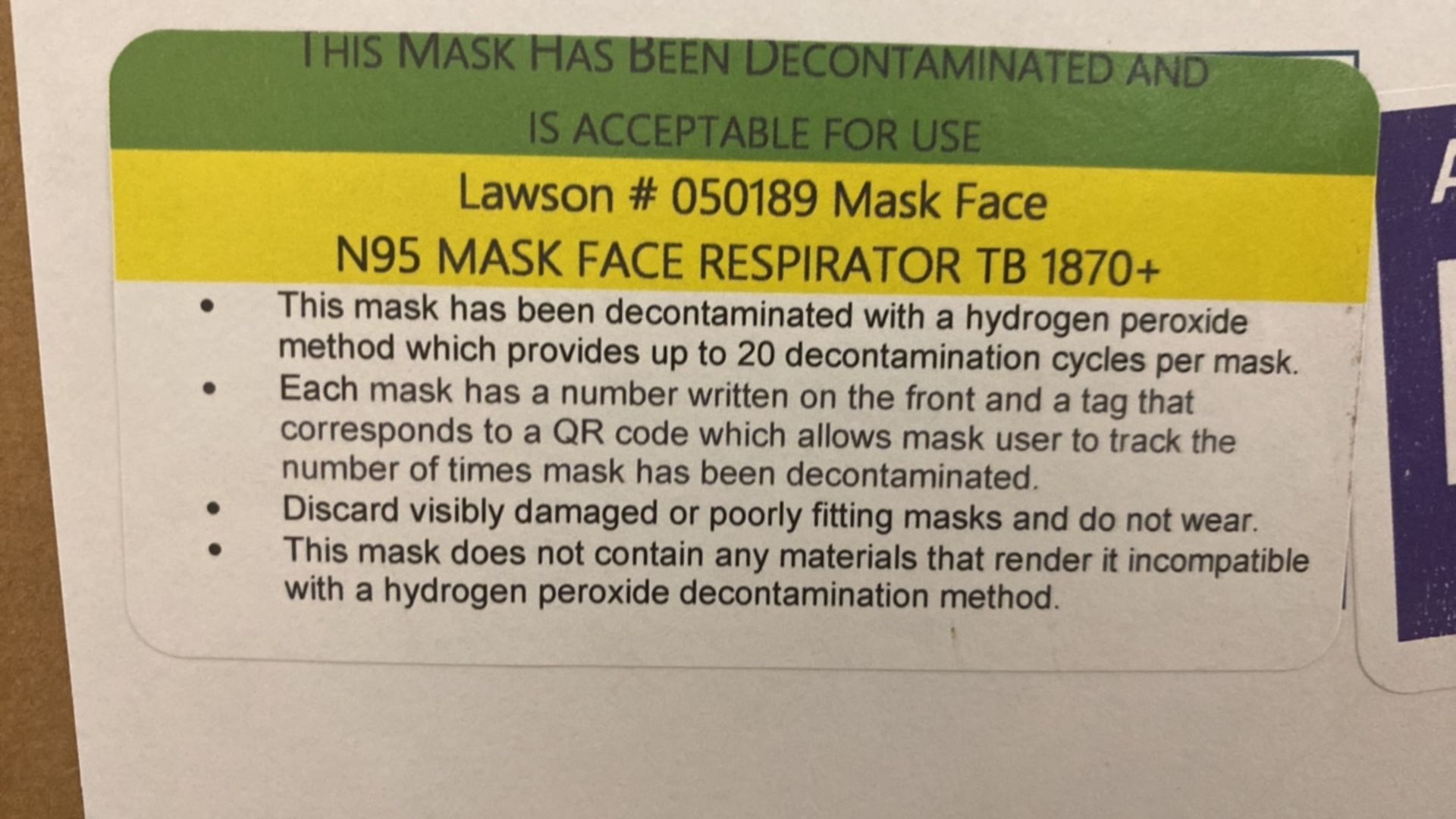 LAWSON 9210 REPROCESSED N95 MASKS QTY:6 CASES/ 20 X 20 BAGS - Image 2 of 3
