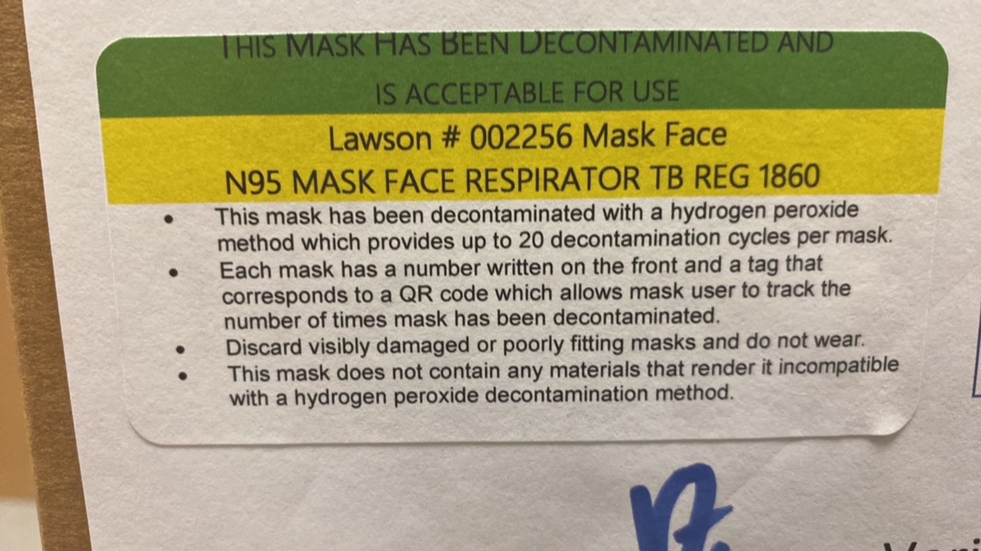 LAWSON 1860 REPROCESSED N95 MASKS QTY:14 CASES/ 20 X 20 BAGS - Image 2 of 3