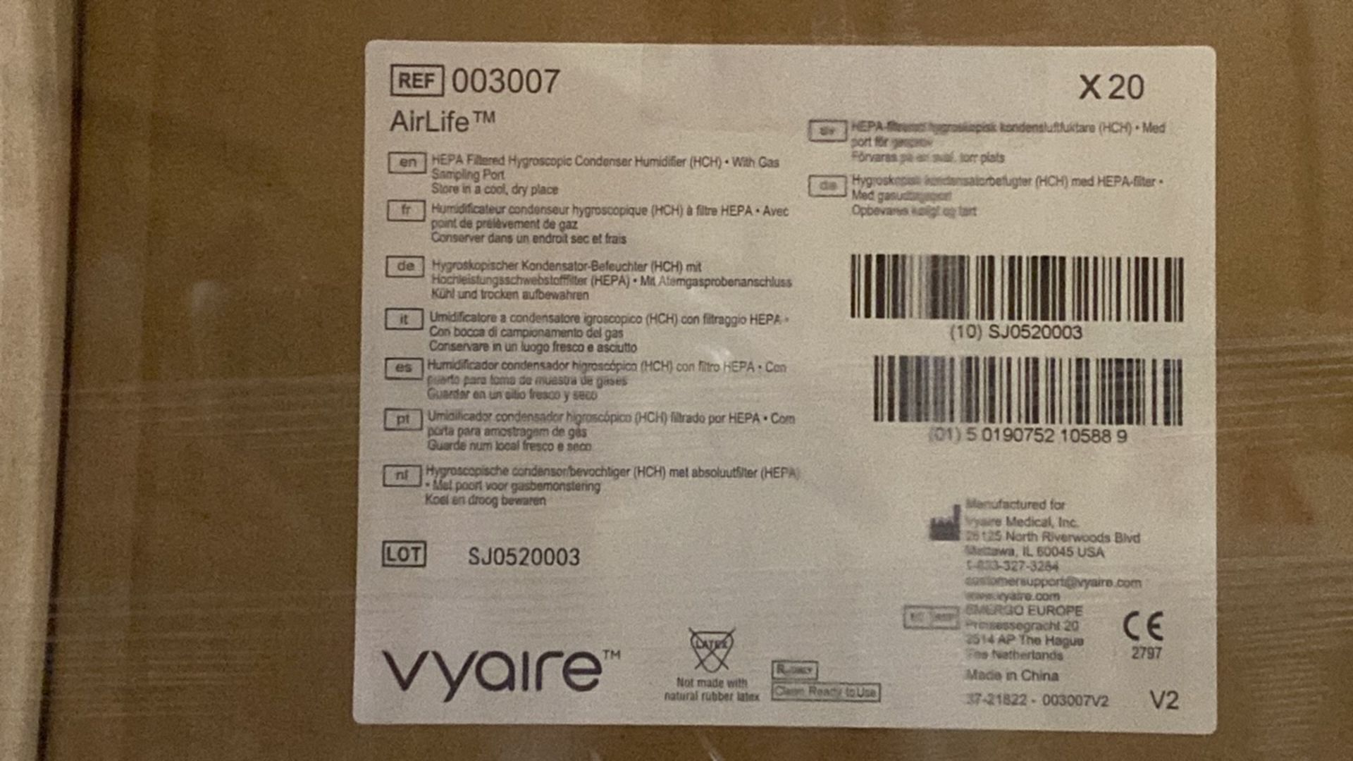 VYAIRE AIRLIFE 003007 HUMIDIFIER HEPA FILTERS QTY:148 CASES/20 PER CASE