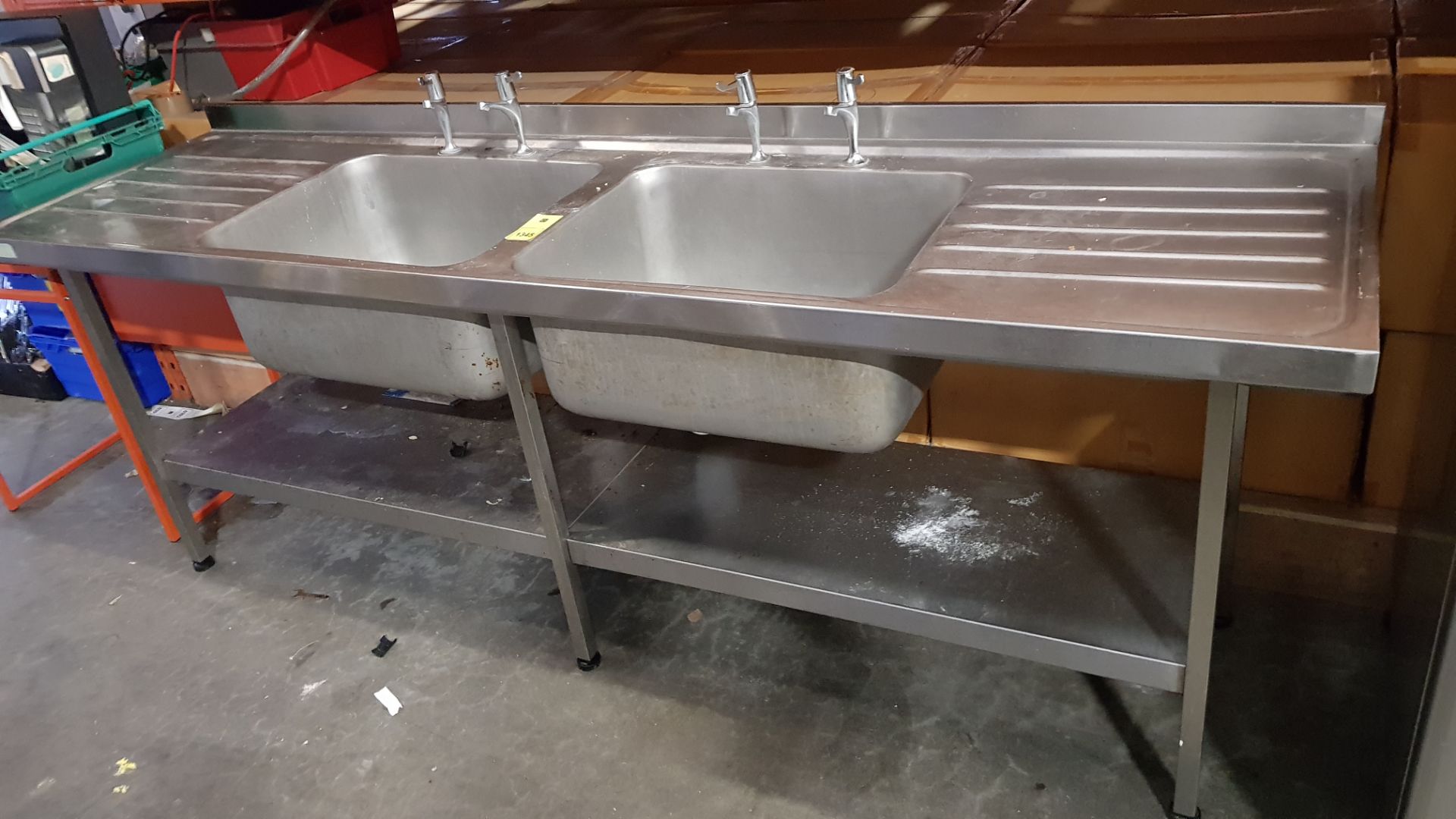 LARGE STAINLESS STEEL DOUBLE SINK WITH UNDERSHELF