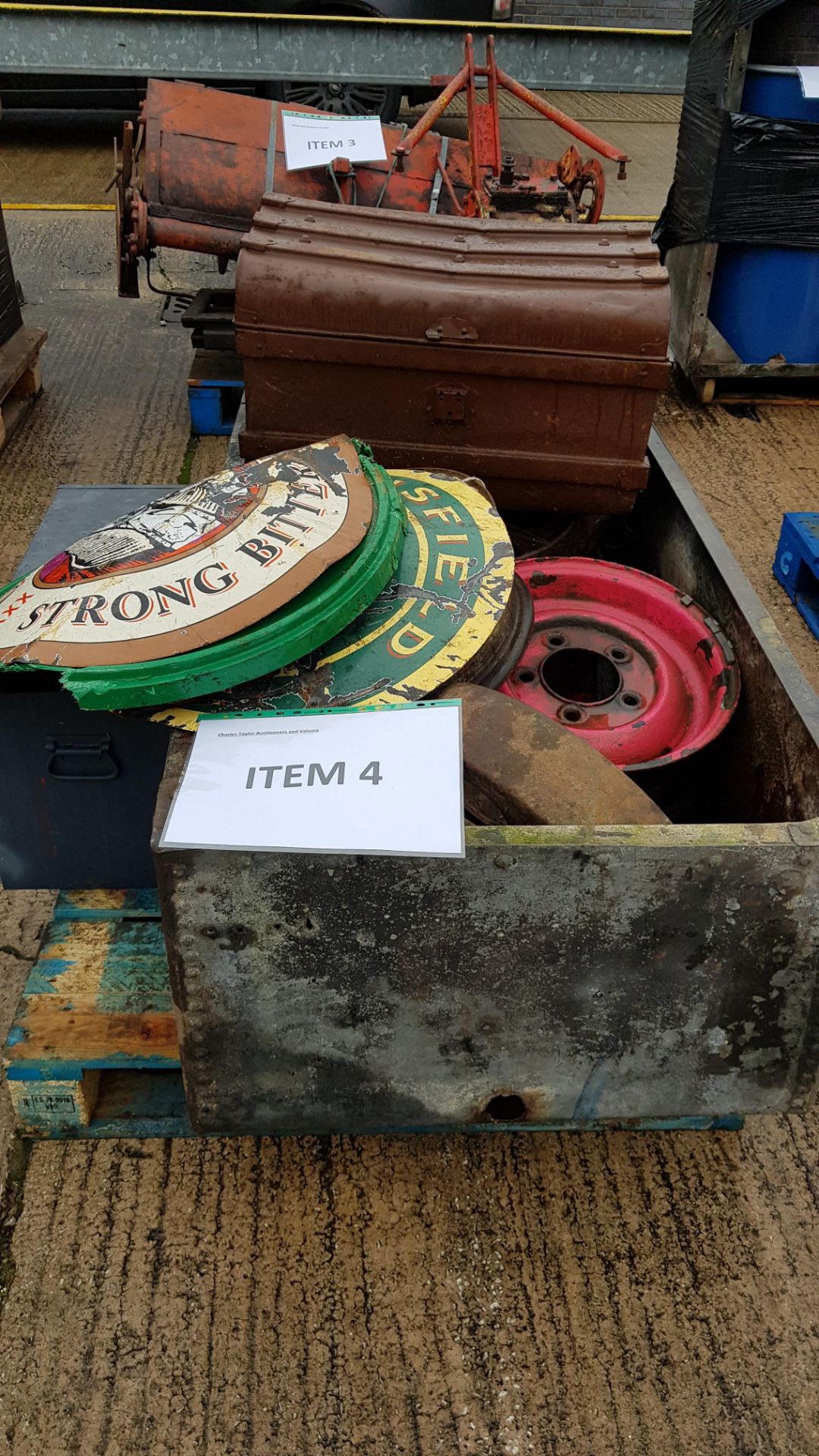 ASSORTMENT OF WHEELS, SIGNS AND STEEL CASE ETC.