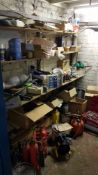 CONTENTS OF STORE ROOM TO INCLUDE - DOOR HINGES, FAN HEATER, SELECTION OF HAND TOOLS, BLOW TORCH,