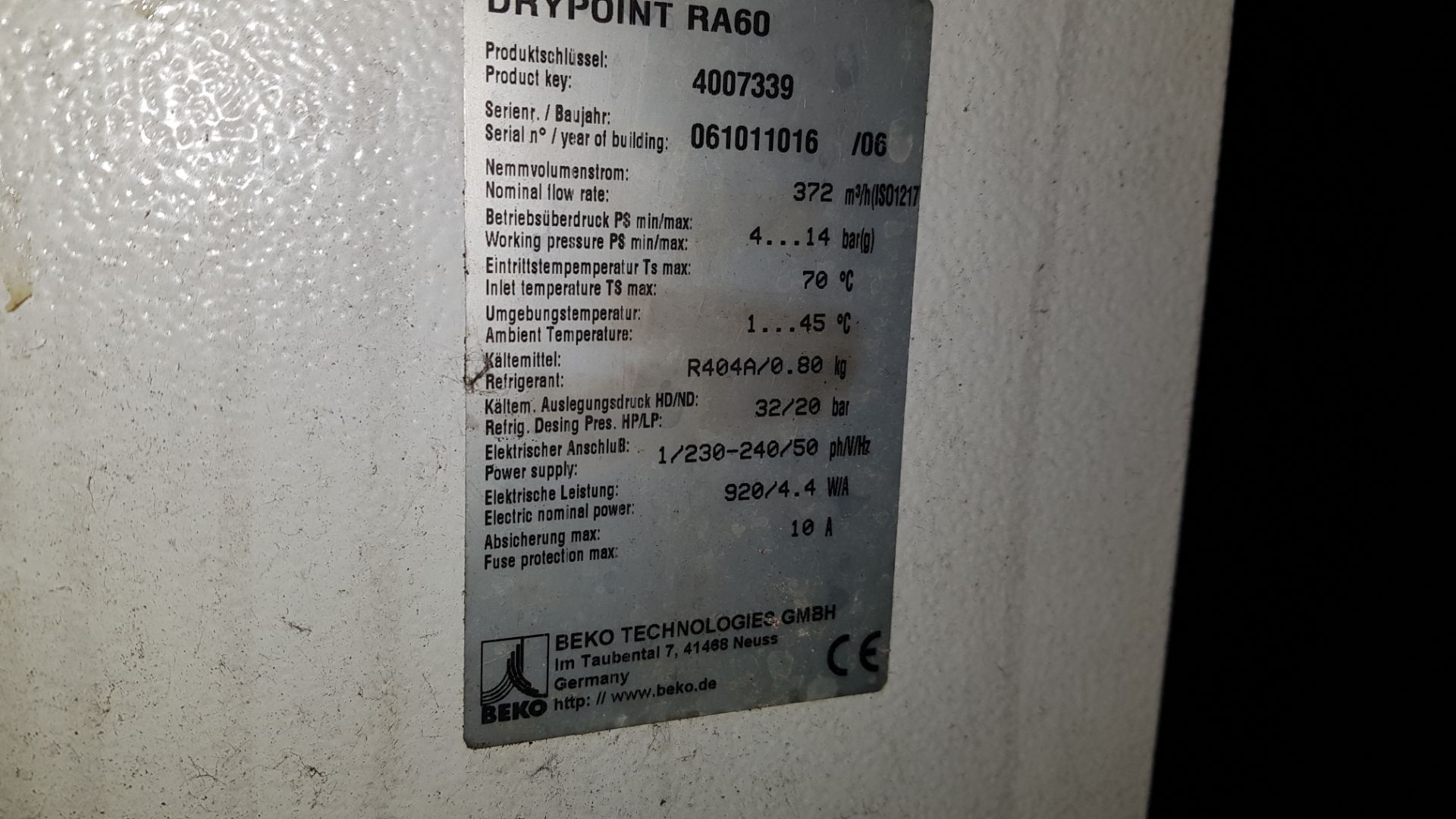 BEKO DRYPOINT RA REFIGERANT DRYER AIR COOLED MACHINE PRODUCT - 4007339 SERIAL - 061011016/06 - Image 2 of 2