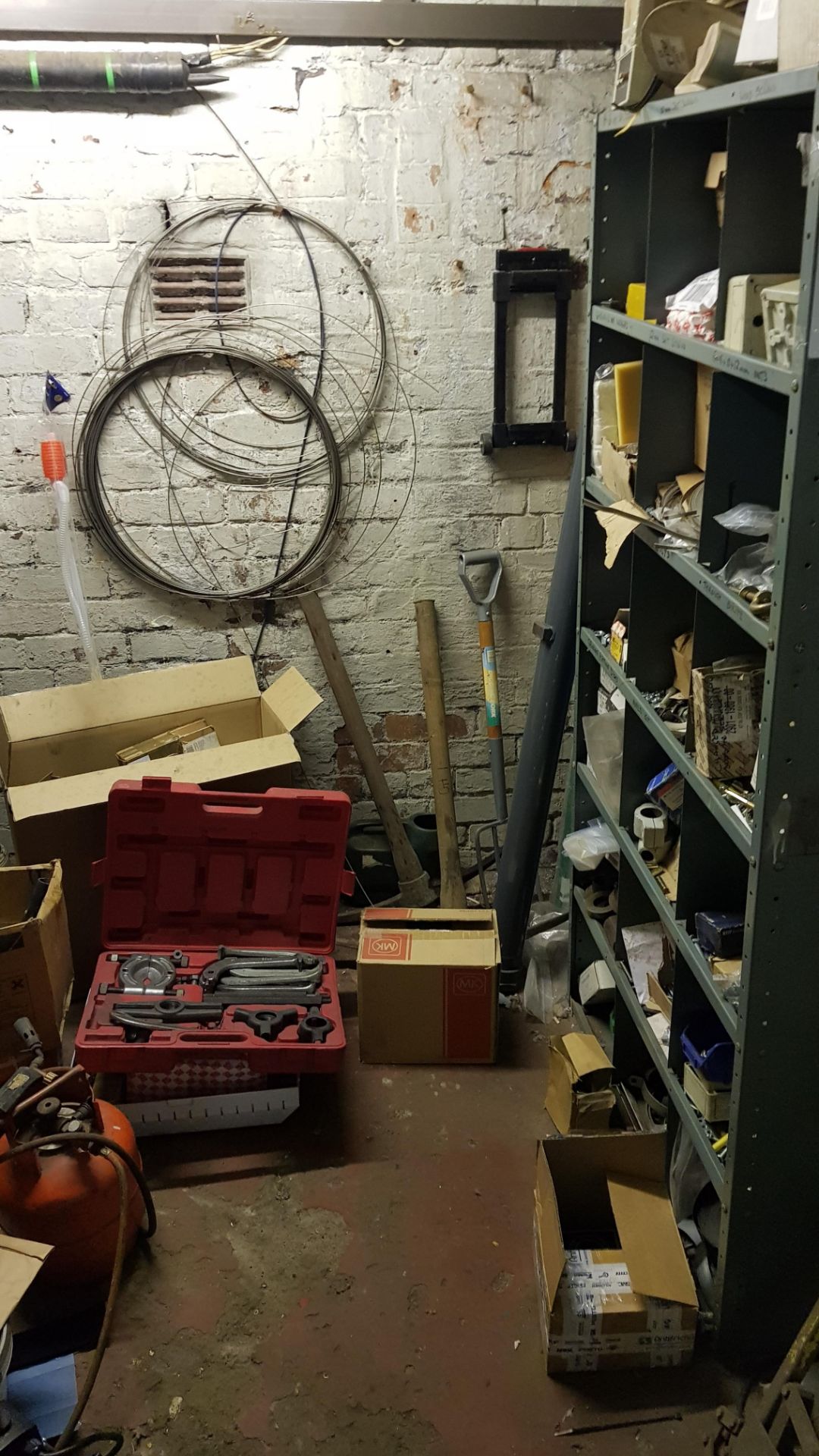 CONTENTS OF STORE ROOM TO INCLUDE - DOOR HINGES, FAN HEATER, SELECTION OF HAND TOOLS, BLOW TORCH, - Image 2 of 2