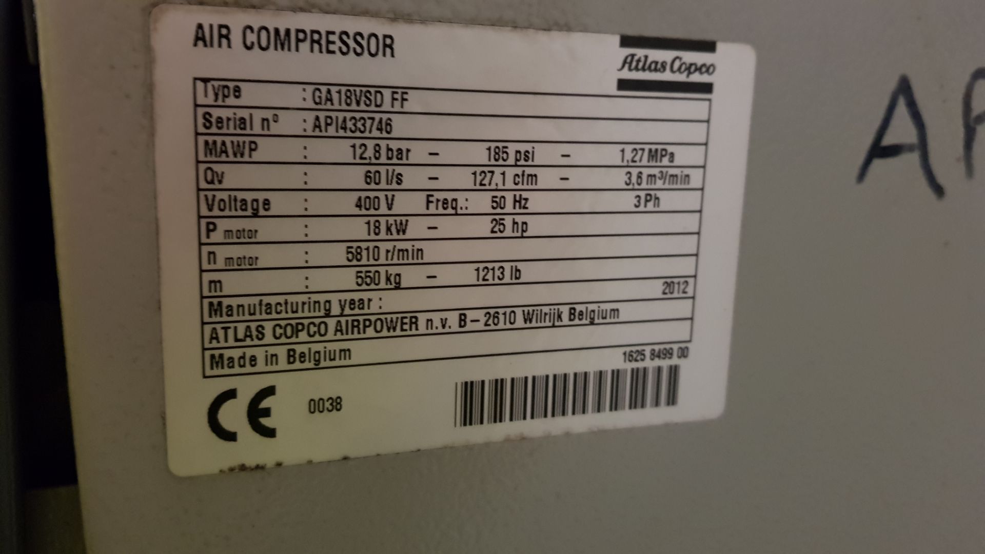 ATLAS COPCO GA18 VSDFF WORKPLACE AIR SYSTEM SERIAL - API 433746 400V - Image 2 of 2