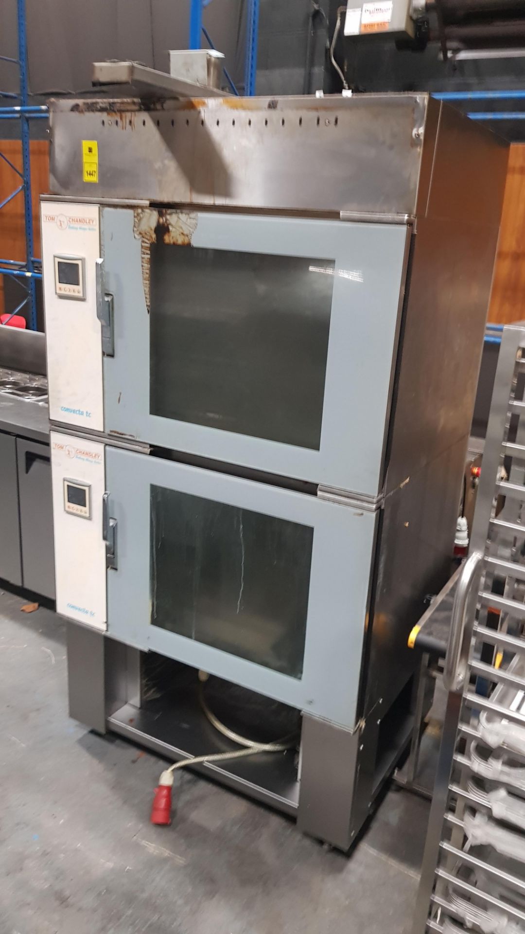 2 X TOM CHANDLEY STAINLESS STEEL CONVECTA TC OVENS ON A PORTABLE STAND