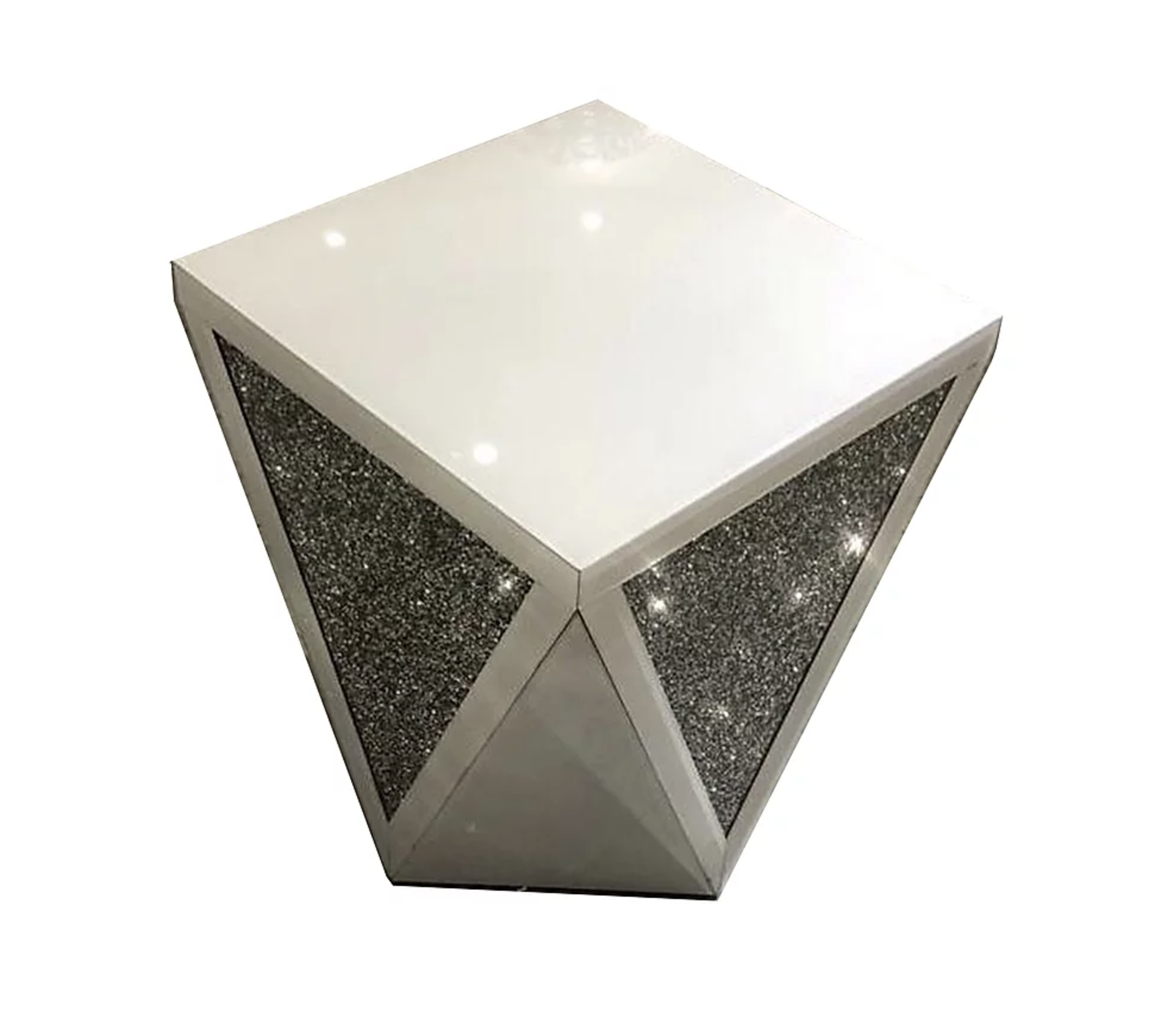 BRAND NEW BOXED WHITE MIRROR CRUSH 'TRI' SIDE TABLE - 47.5X47.5X59CM (BOX 59X59X71CM, 32KG) - Image 2 of 2