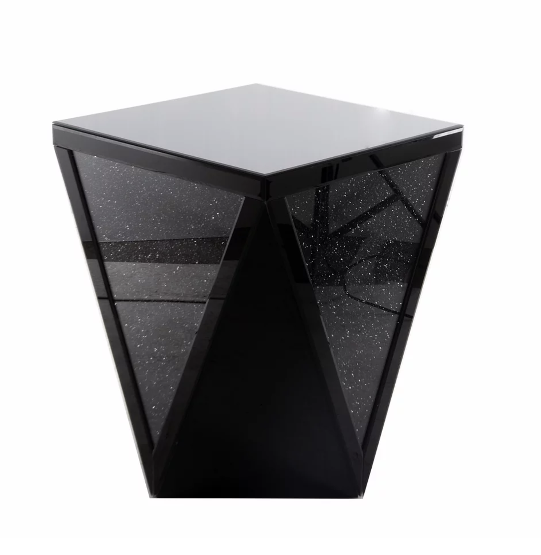 BRAND NEW BOXED BLACK MIRROR CRUSH V MIRRORED SIDE TABLE - 47.5X47.5X59CM (BOX 59X59X71, 18KG)
