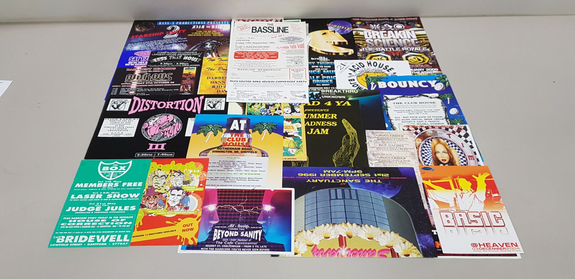 APPROX 63 X VARIOUS RETRO FLYERS AND POSTERS IE DISTORTION 1992, BOUNCY 'THE CLUB HOUSE' 1995, THE