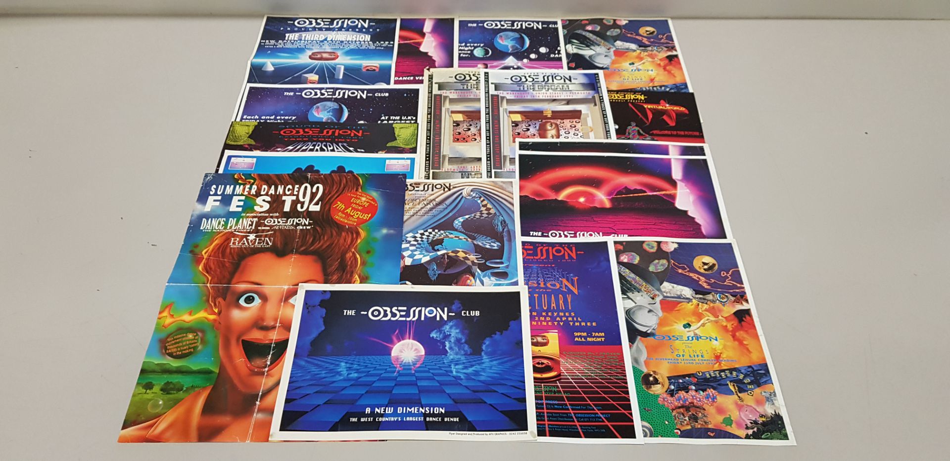 APPROX 40 X VARIOUS OBSESSION RETRO FLYERS AND POSTERS IE THE THIRD DIMENSION 1992, SUMMER DANCE