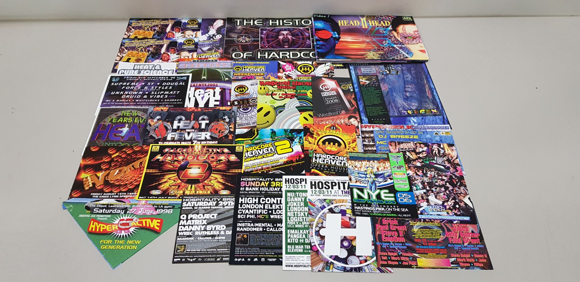 APPROX 44 X VARIOUS RETRO FLYERS AND POSTERS IE THE HOUSE PARTY 1993, THE HISTORY OF HARDCORE