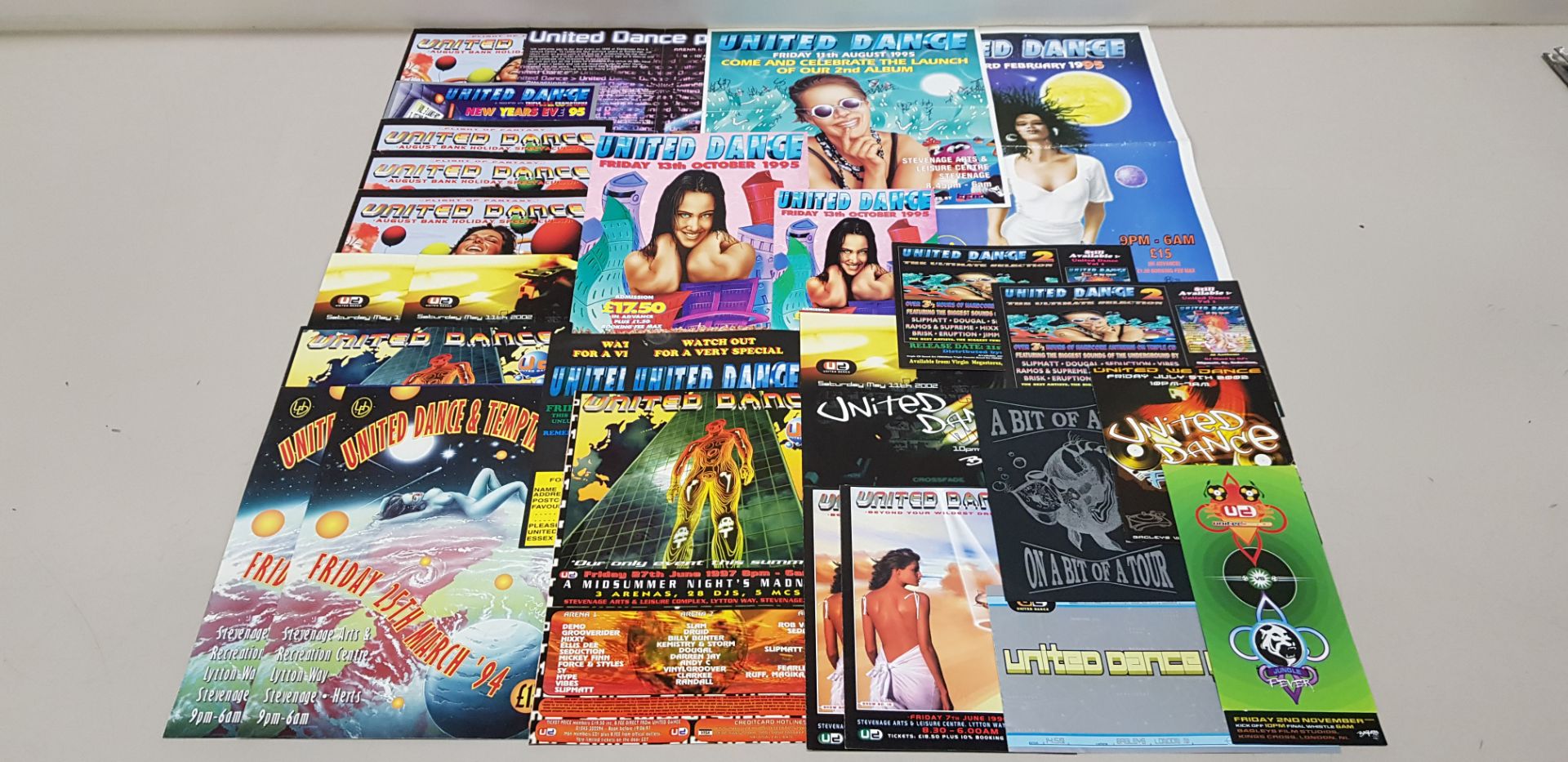 APPROX 44 X VARIOUS UNITED DANCE RETRO FLYERS AND POSTERS IE UNITED DANCE 1996, NEW YEARS EVE 95,