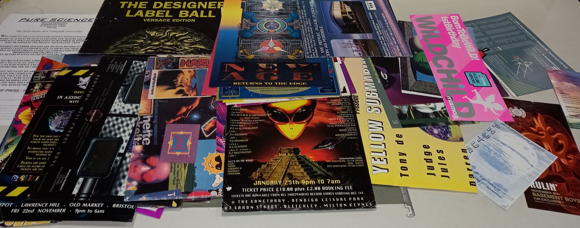 APPROX 83 X VARIOUS RETRO FLYERS AND POSTERS IE MUSIK TRIBAL GATHERING '96, DESTINY NOBODY DOES IT