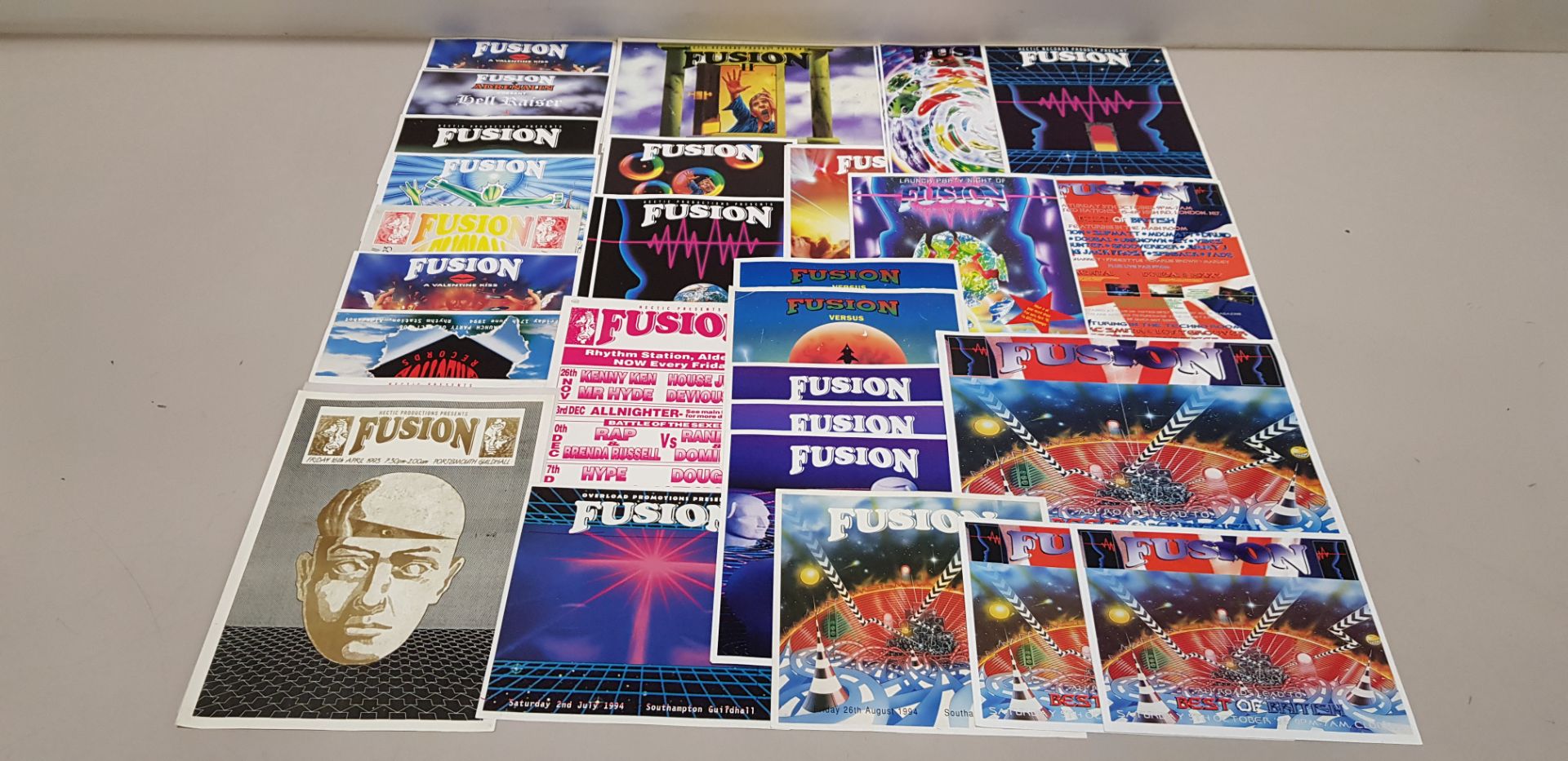 APPROX 44 X VARIOUS FUSION RETRO FLYERS AND POSTERS IE FUSION 1993, FUSION II 1994, FUSION ALL NIGHT