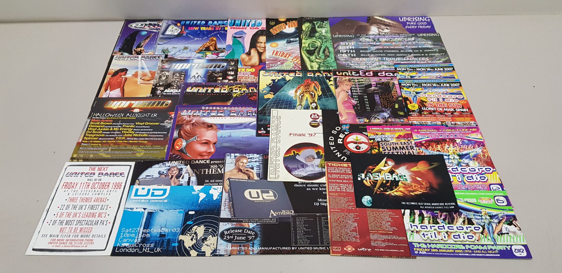 APPROX 63 X VARIOUS RETRO FLYERS AND POSTERS IE UNITED DANCE & TEMPTATION 1994, FLASHBACK 1999,
