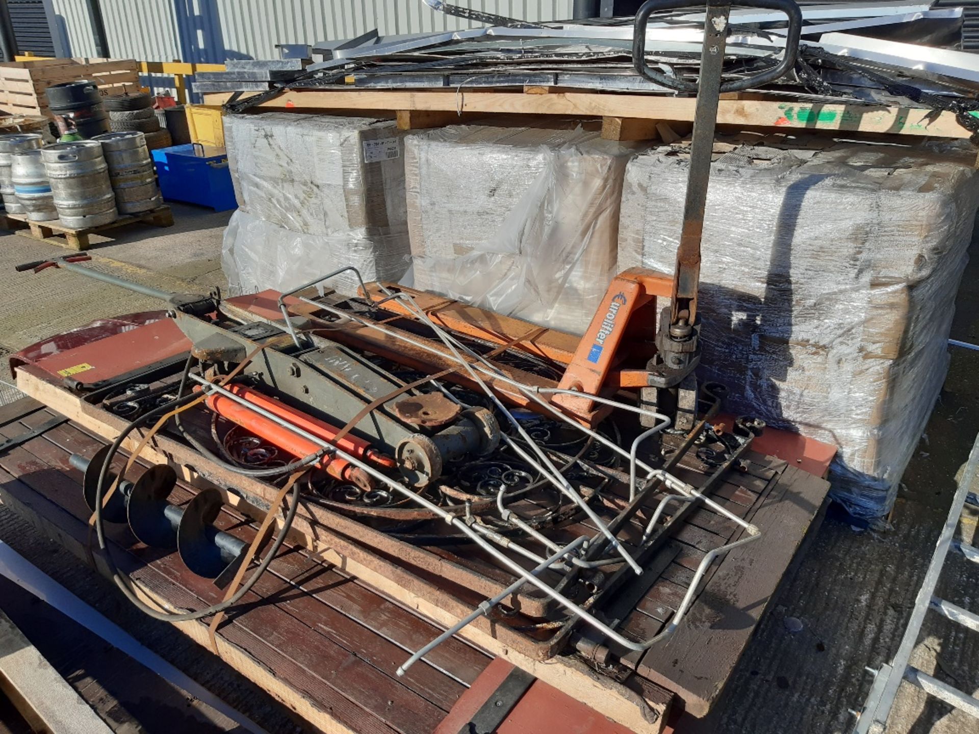 MISC LOT TO INCLUDE PUMP TRUCKS (EURO LIFTER) , CAR JACK , LARGE BARM DOORS , PLY WOOD , METAL GATES