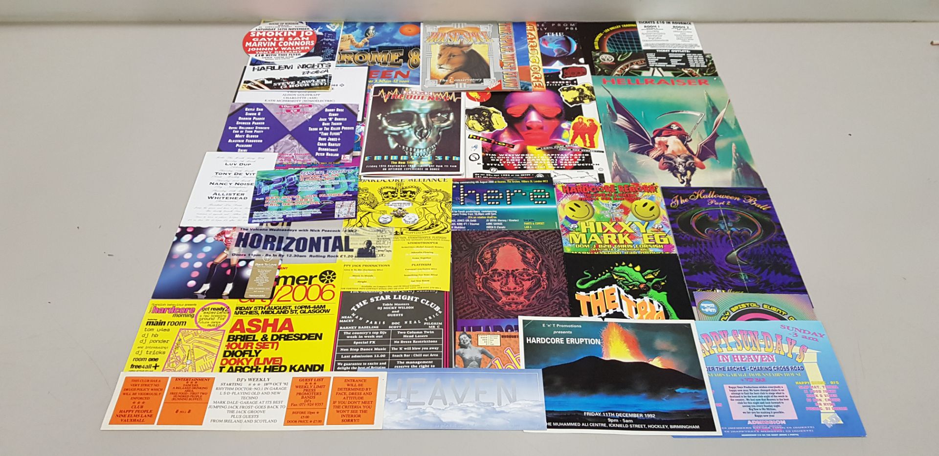 APPROX 43 X VARIOUS RETRO FLYERS AND POSTERS HARD TO THE CORE 1993, THE HOUSE PARTY 1993,