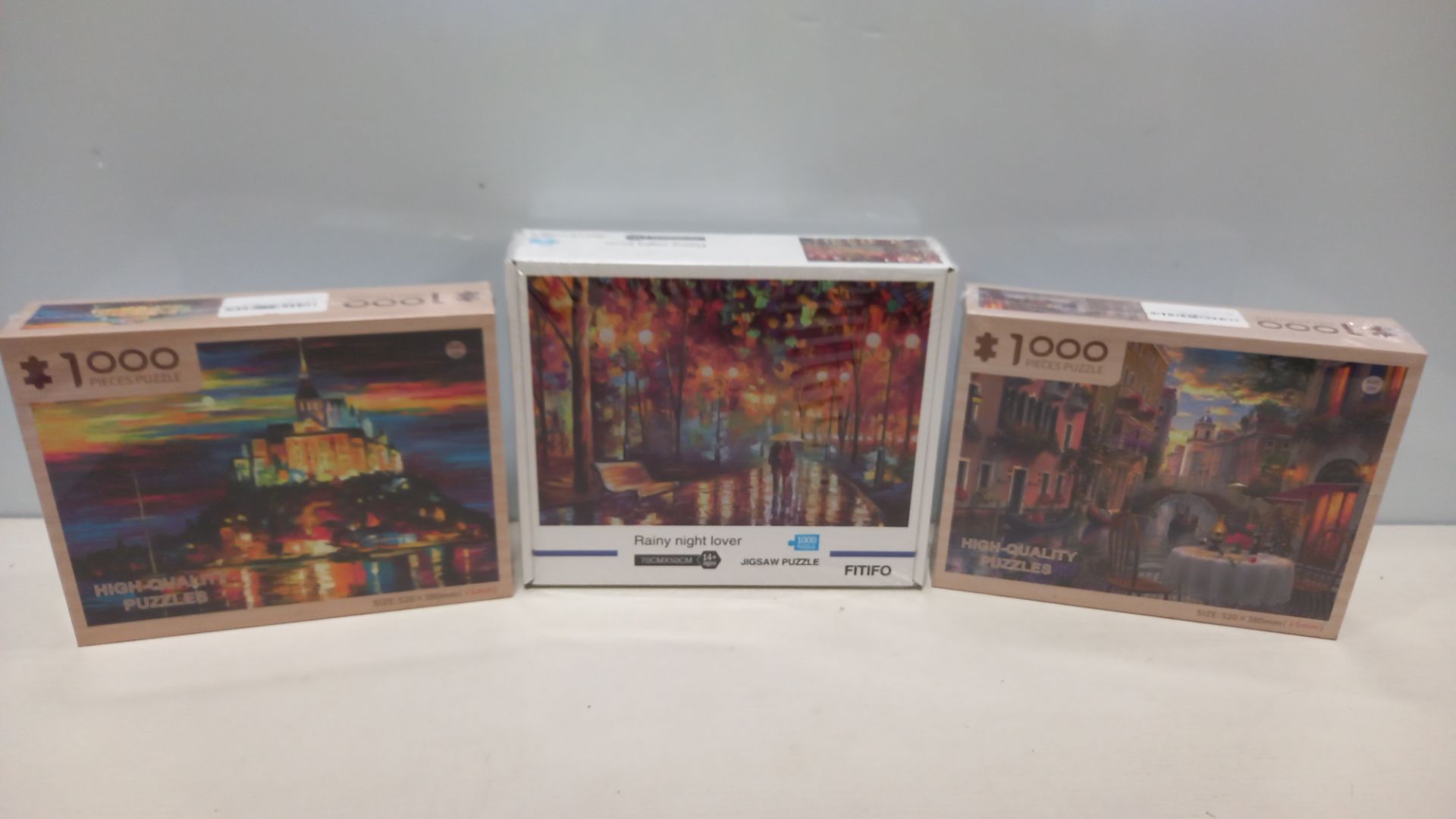 64 X BRAND NEW MIXED JIGSAW LOT TO INCLUDE RAINY NIGHT LVER , CASTLE IN THE RAIN , VENICE WATER CITY