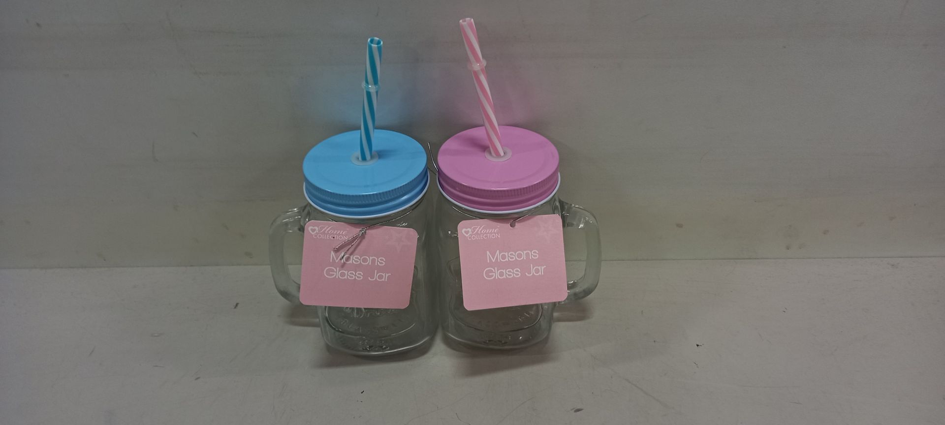 108 X BRAND NEW MASON GLASS JARS WITH STRAWS ( IN BLUE AND PINK ( PLASTIC STRAWS ) IN 9 BOXES