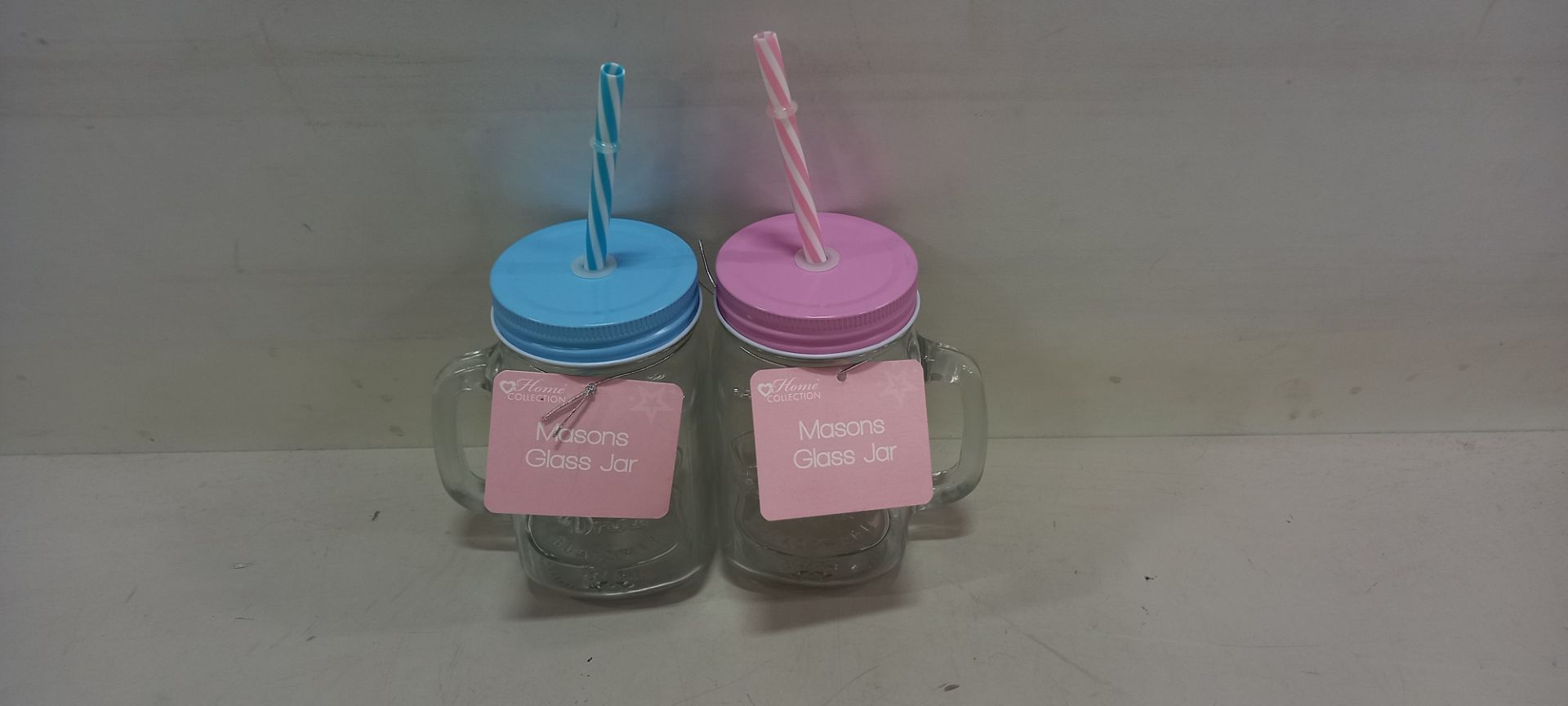 108 X BRAND NEW MASON GLASS JARS WITH STRAWS ( IN BLUE AND PINK ( PLASTIC STRAWS ) IN 9 BOXES