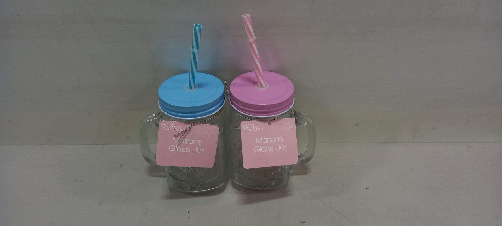 108 X BRAND NEW MASON GLASS JARS WITH STRAWS ( IN BLUE AND PINK ( PLASTIC STRAWS ) IN 9 BOXES