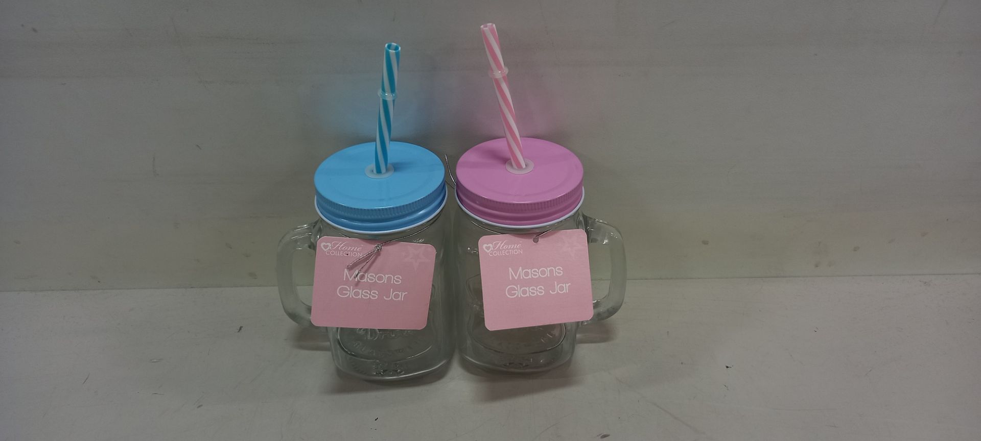 108 X BRAND NEW MASON GLASS JARS WITH STRAWS ( IN BLUE AND PINK ( PLASTIC STRAWS ) IN 9 BOXES