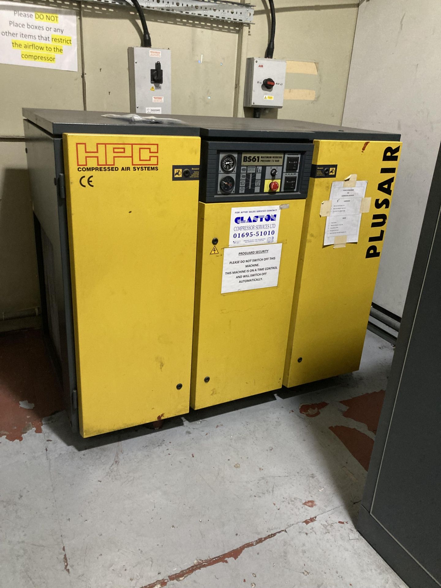 HPC COMPRESSED AIR SYSTEMS PLUSAIR BS61 MWP: 7.5 BAR PACKAGED AIR COMPRESSOR SERIAL NUMBER: 5102917