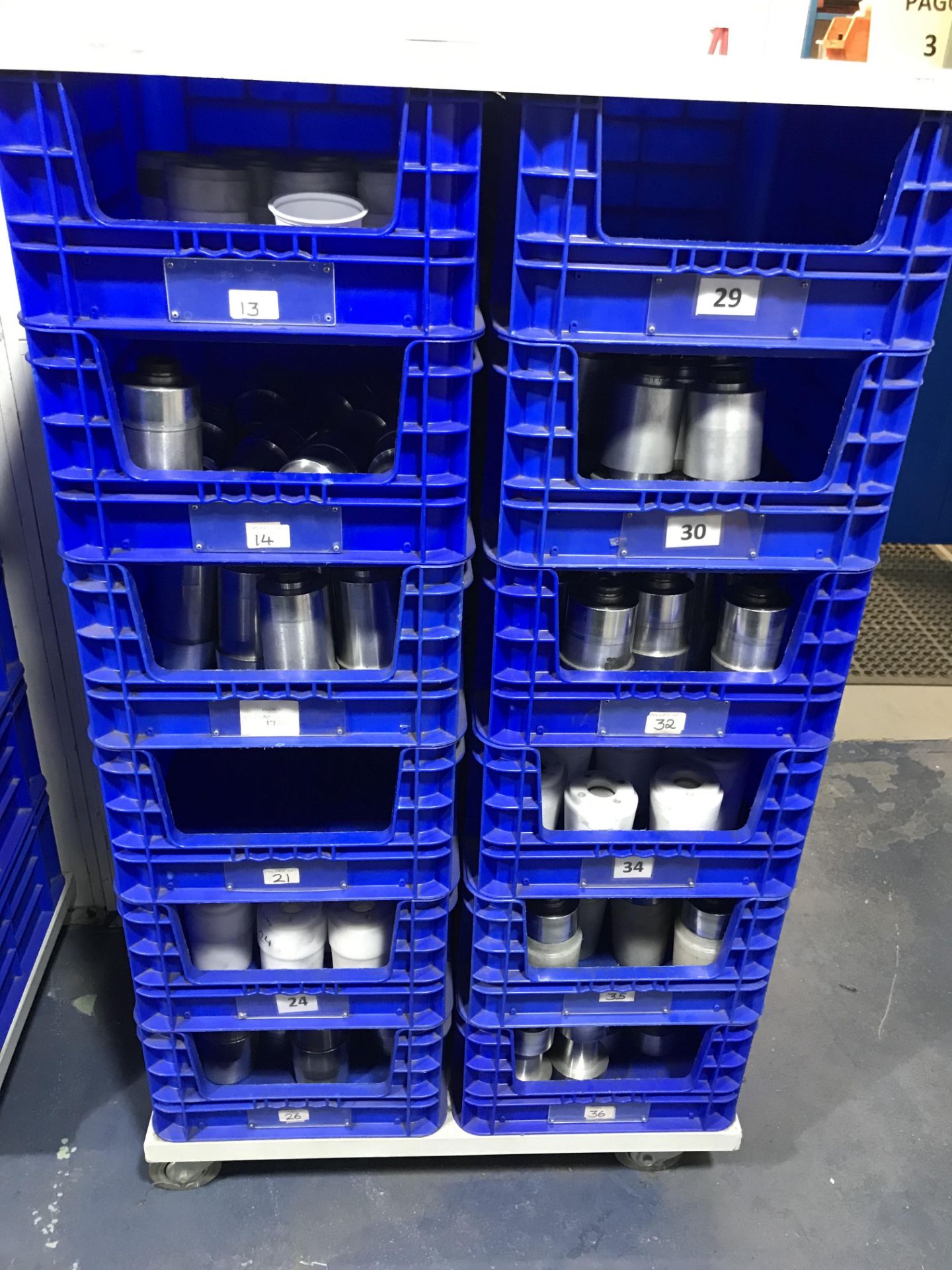 MOBILE 12-WAY BLUE PLASTIC BIN STORAGE UNIT AND CONTENTS OF PAGO MANDRELS