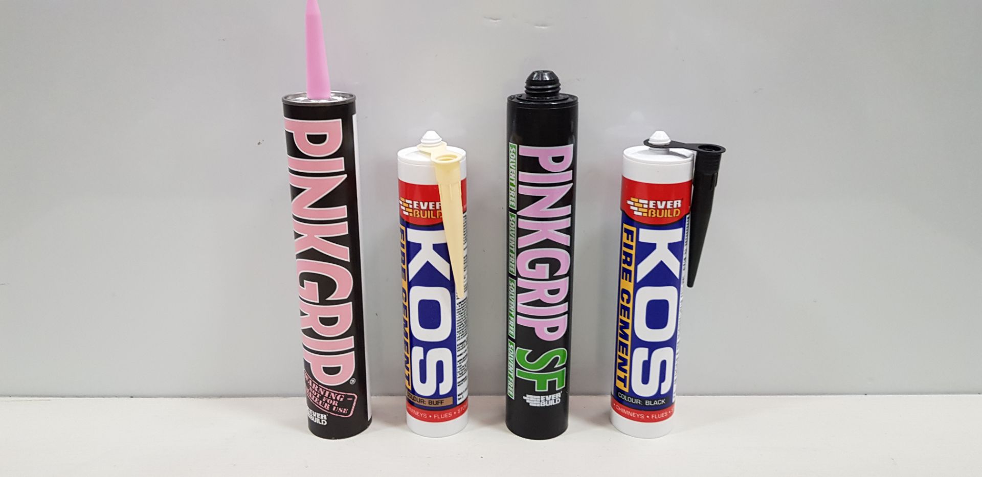 46 X PIECE LOT TO INCLUDE EVERBUILD KOS FIRE CEMENT IN BLACK AND BUFF COLOUR , EVERBUILD PINKGRIP