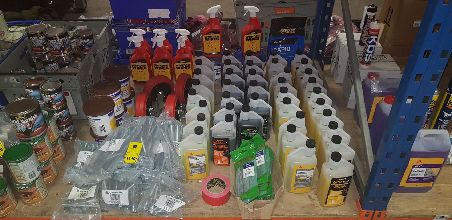 90 PIECE MIXED LOT CONTAINING EVERBUILD 2KG LINSEED PUTTY OIL, EVERBUILD WONDER WIPES SPRAY, SIKA