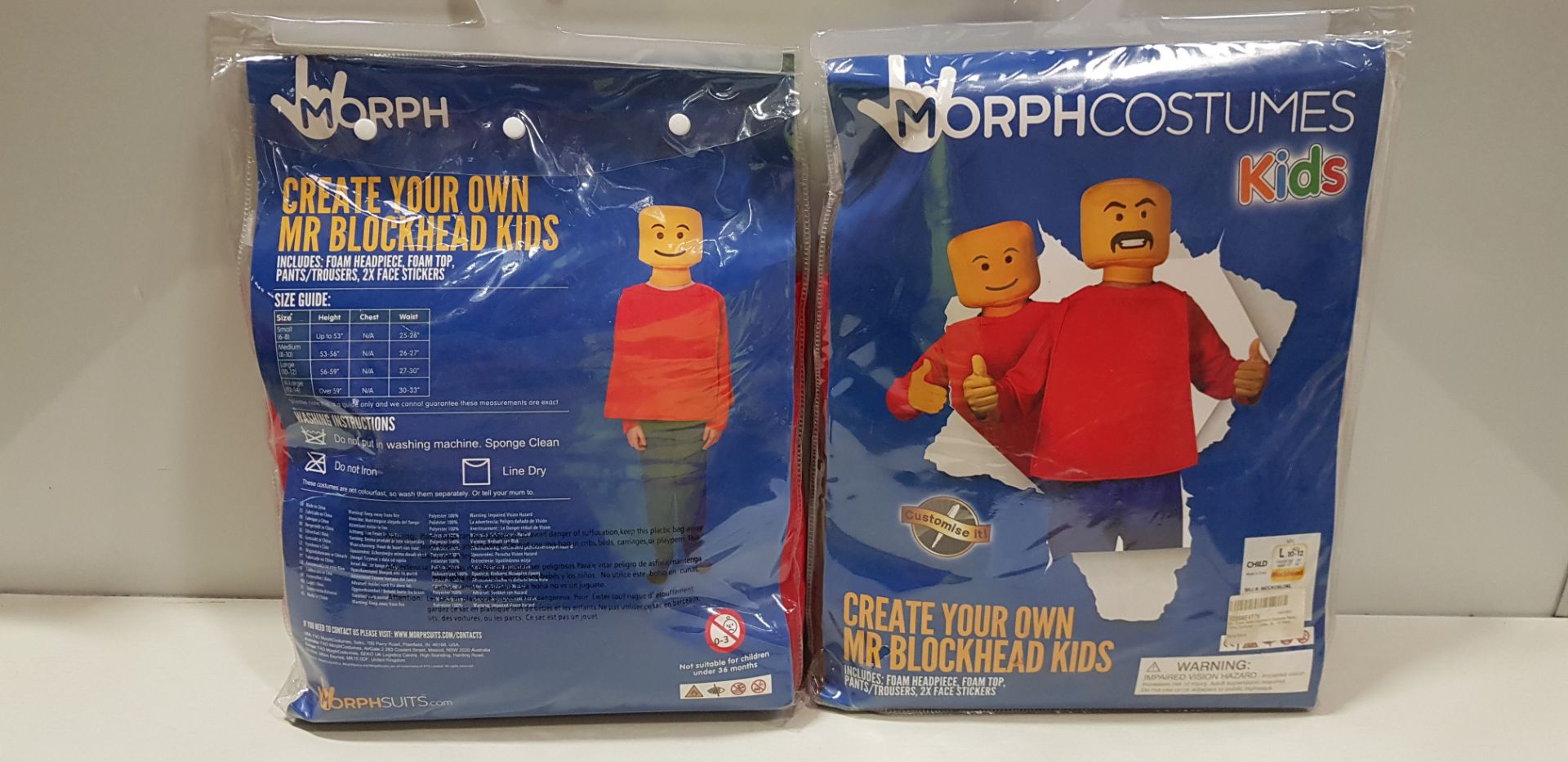 13 X BRAND NEW CREATE YOUR OWN MR BLOCKHEAD MORPHSUITS IN VARIOUS KIDS SIZES