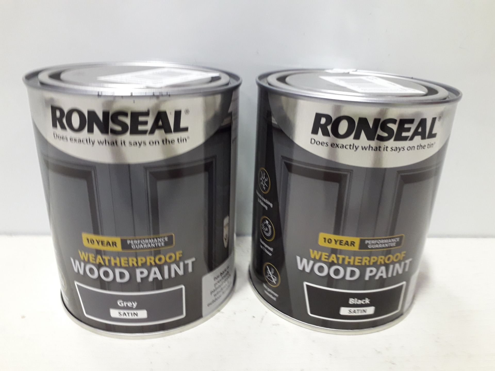 30 X BRAND NEW RONSEAL WEATHERPROOF WOOD PAINT ( IN SATIN GREY AND SATIN BLACK ) FOR DOORS WINDOWS