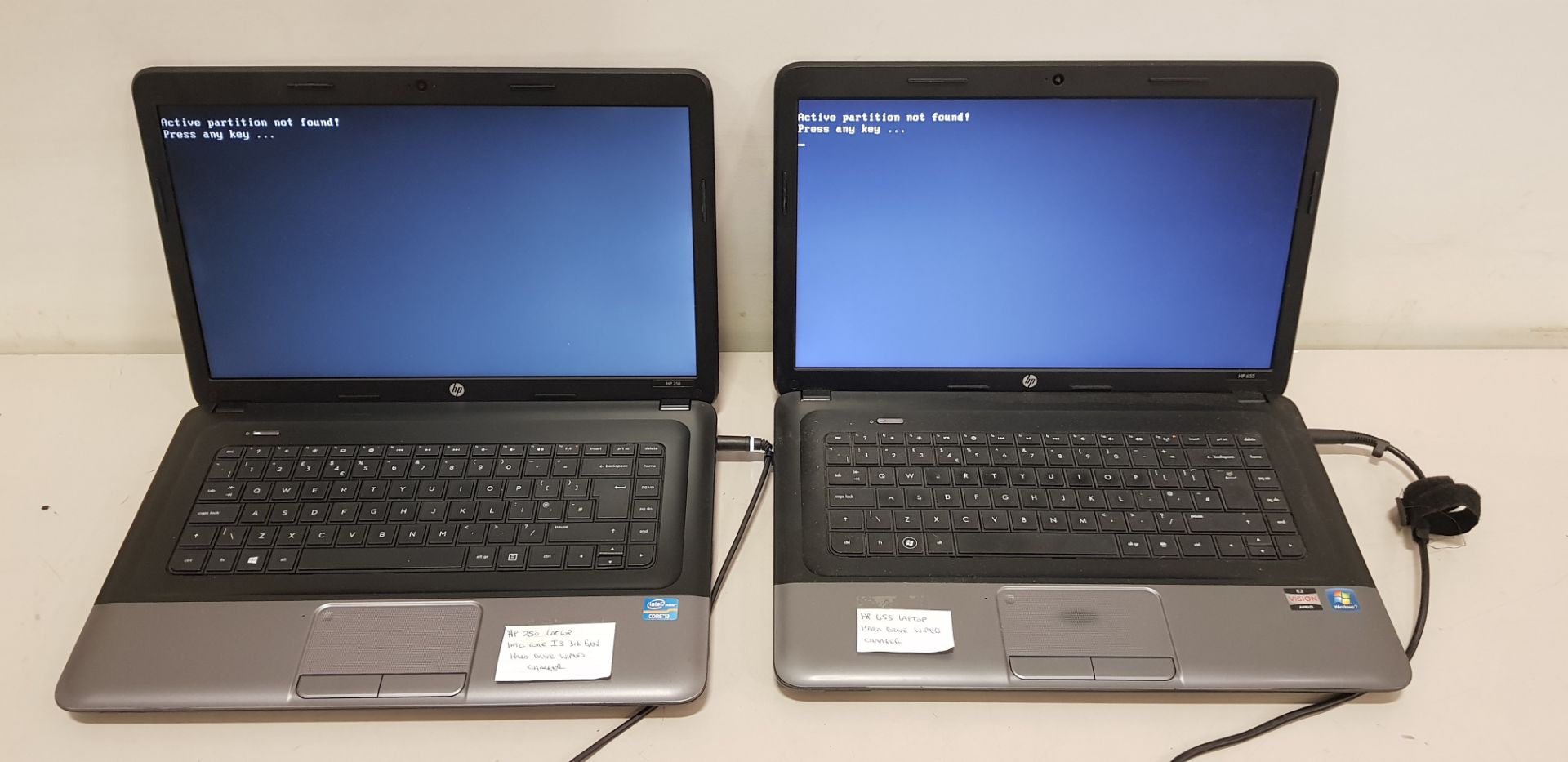 2 X HP LAPTOPS WITH CHARGERS - 250 AND 655 (NO O/S)