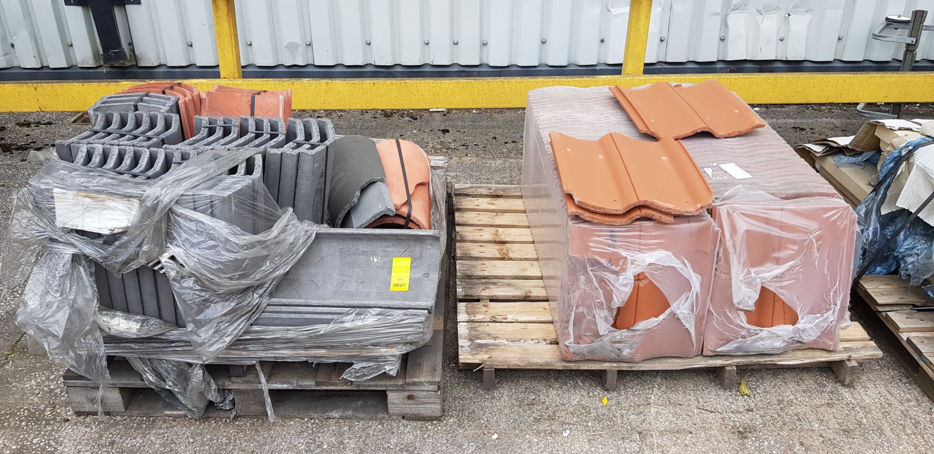 2 X PALLETS OF BUILDING MATERIALS - IE. 30 X REDLAND SHAPED GREY TILES AND 10 X REDLAND HALF ROUND