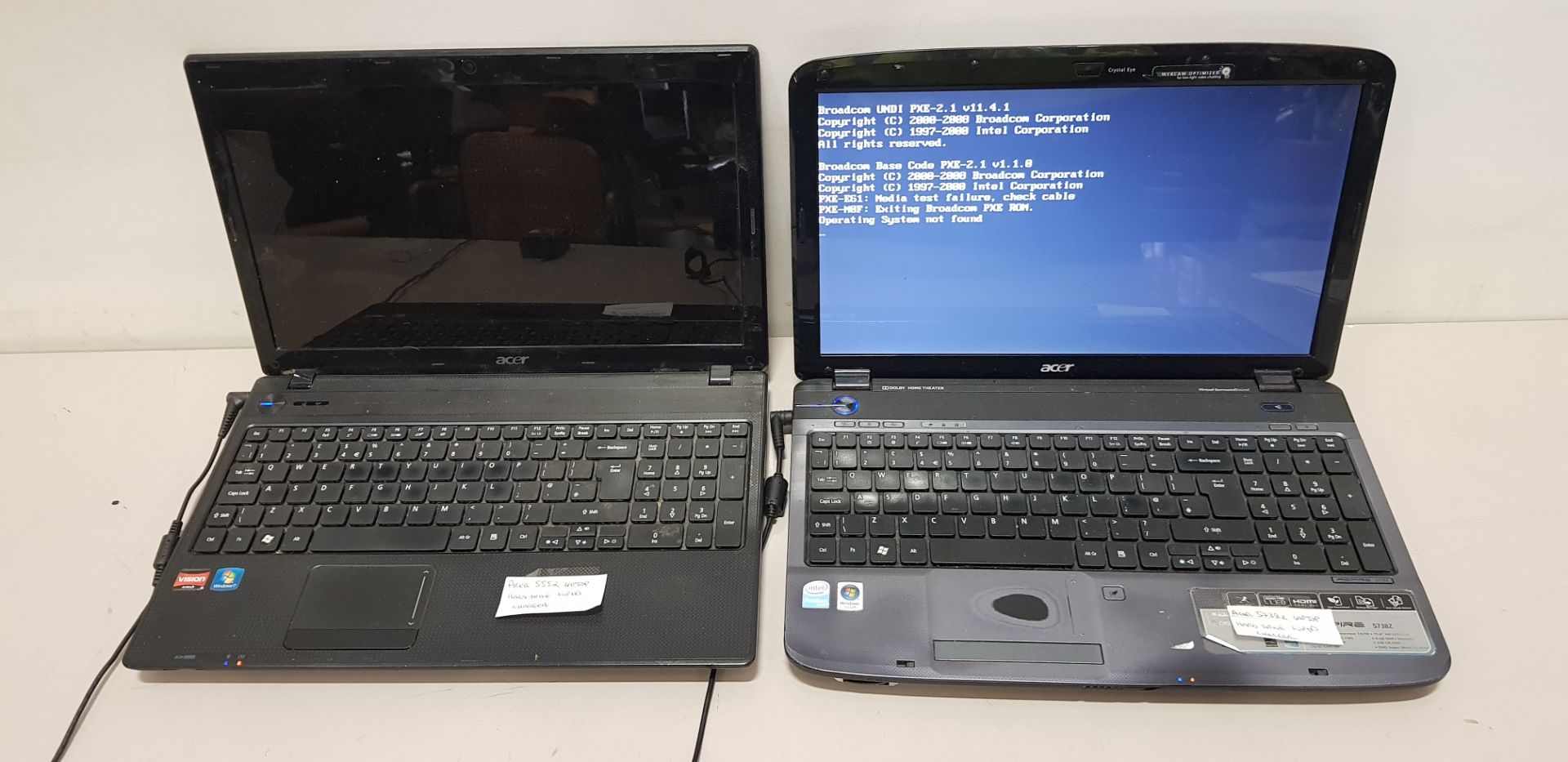 2 X ACER LAPTOPS WITH CHARGERS - 5552 AND 57382 (NO O/S)