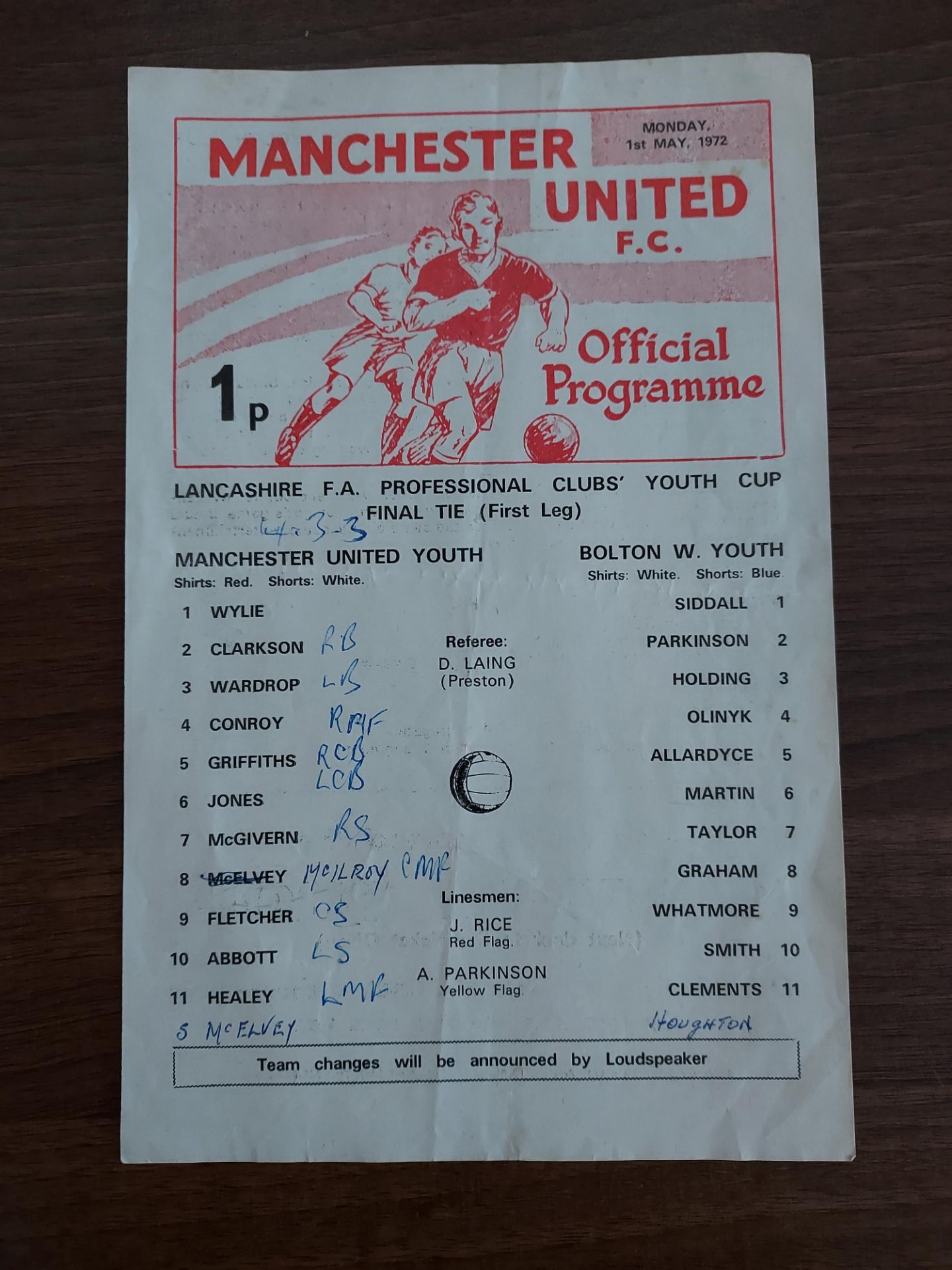 1 X MANCHESTER UNITED YOUTH VS BOLTON 1971/72