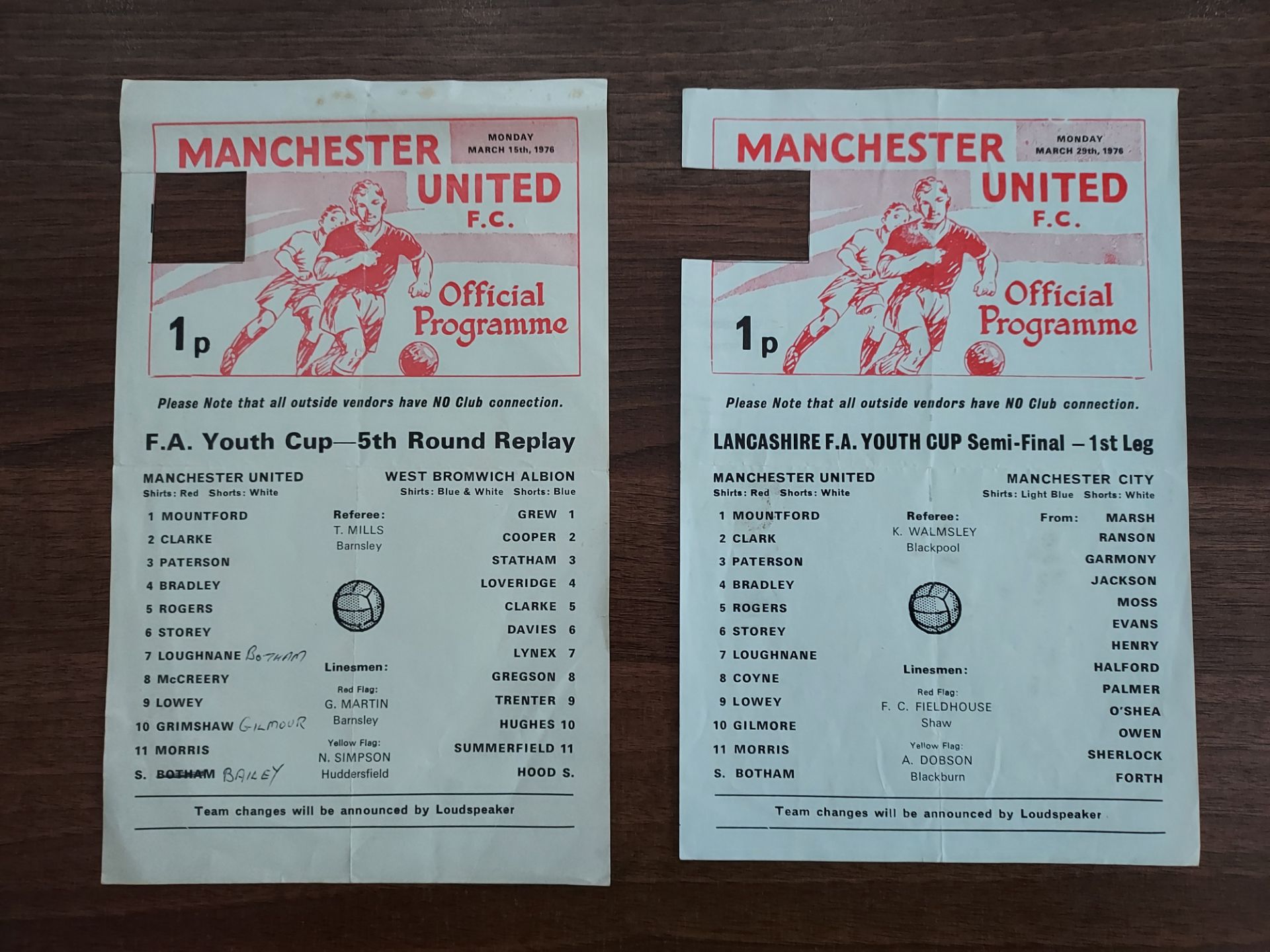 2 X MANCHESTER UNITED YOUTH CUP MATCHES TO INC - MAN CITY, WEST BROM 1975/76