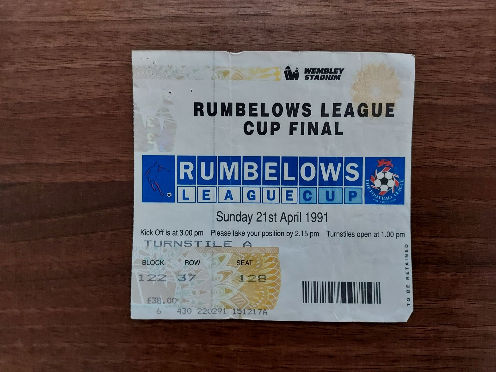 1 X TICKET STUBB (RUMBELOWS FINAL) MAN UTD VS SHEFFIELD WEDNESDAY 1990/91