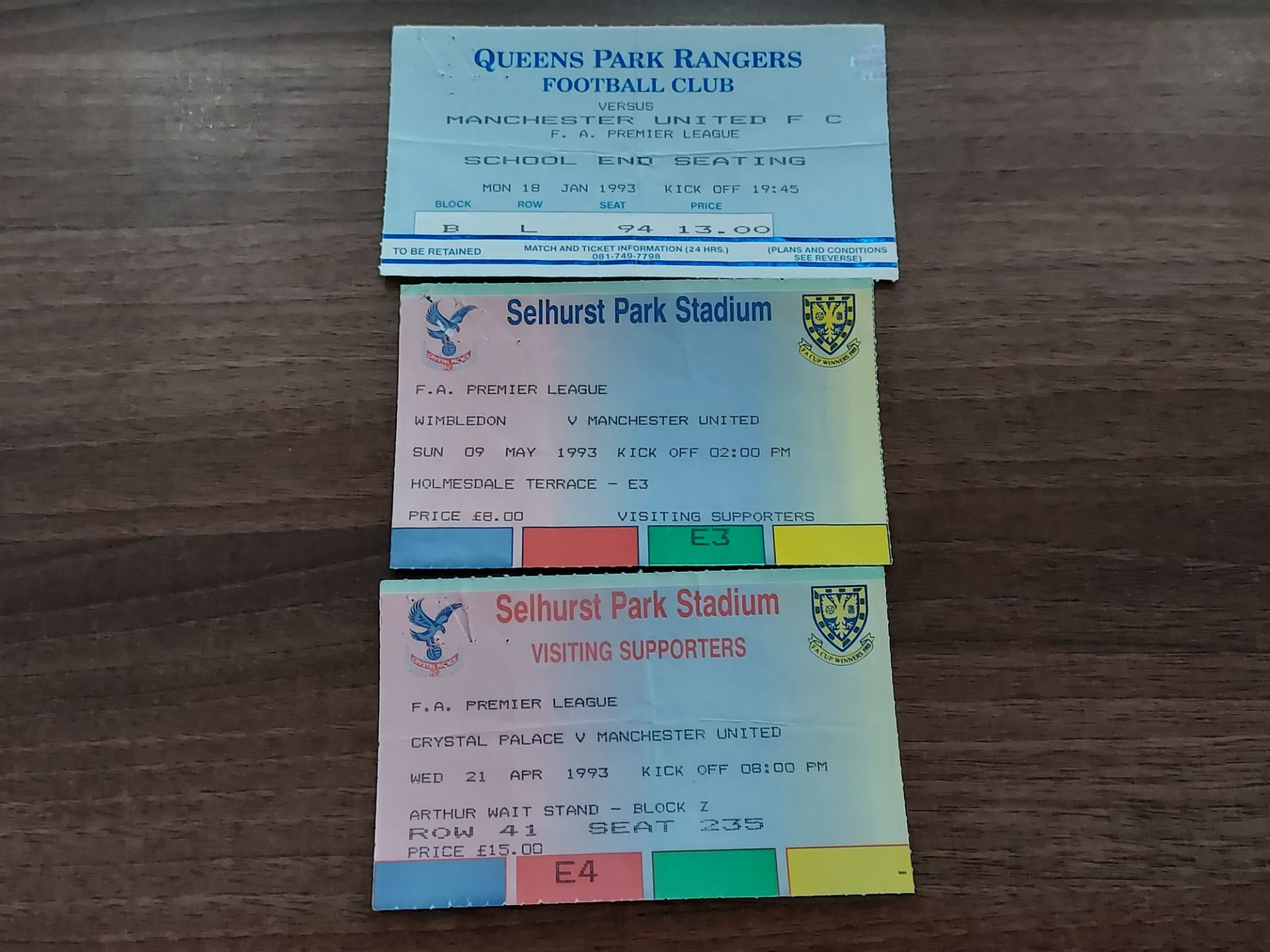 3 X AWAY TICKET STUBBS TO INC - WIMBLEDON, PALACE, QPR 1992/93 SEASON