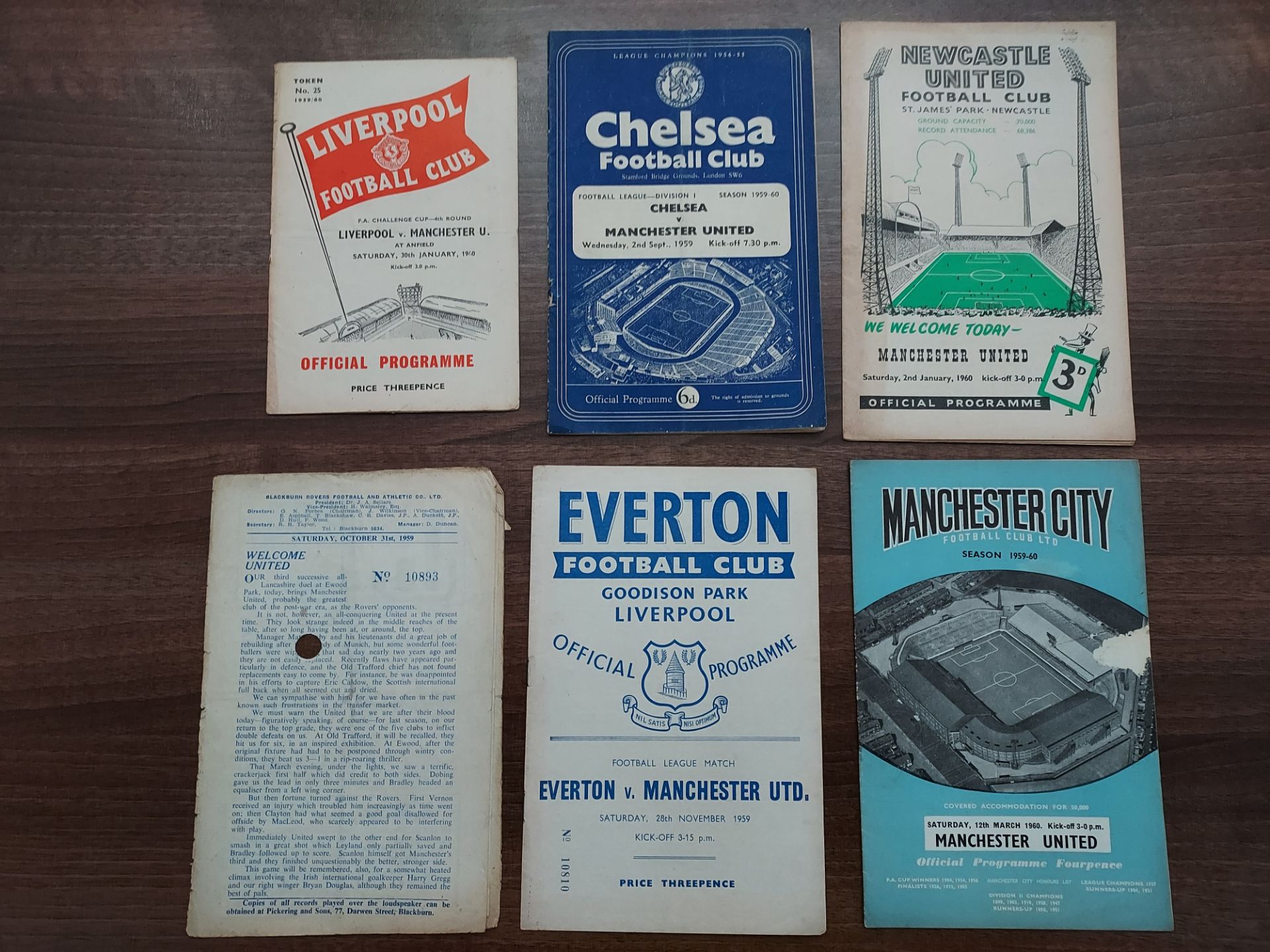 6 X MANCHESTER UNITED AWAY PROGRAMS TO INC - EVERTON, MAN CITY, BLACKBURN, LIVERPOOL, (CUP) CHELSEA,