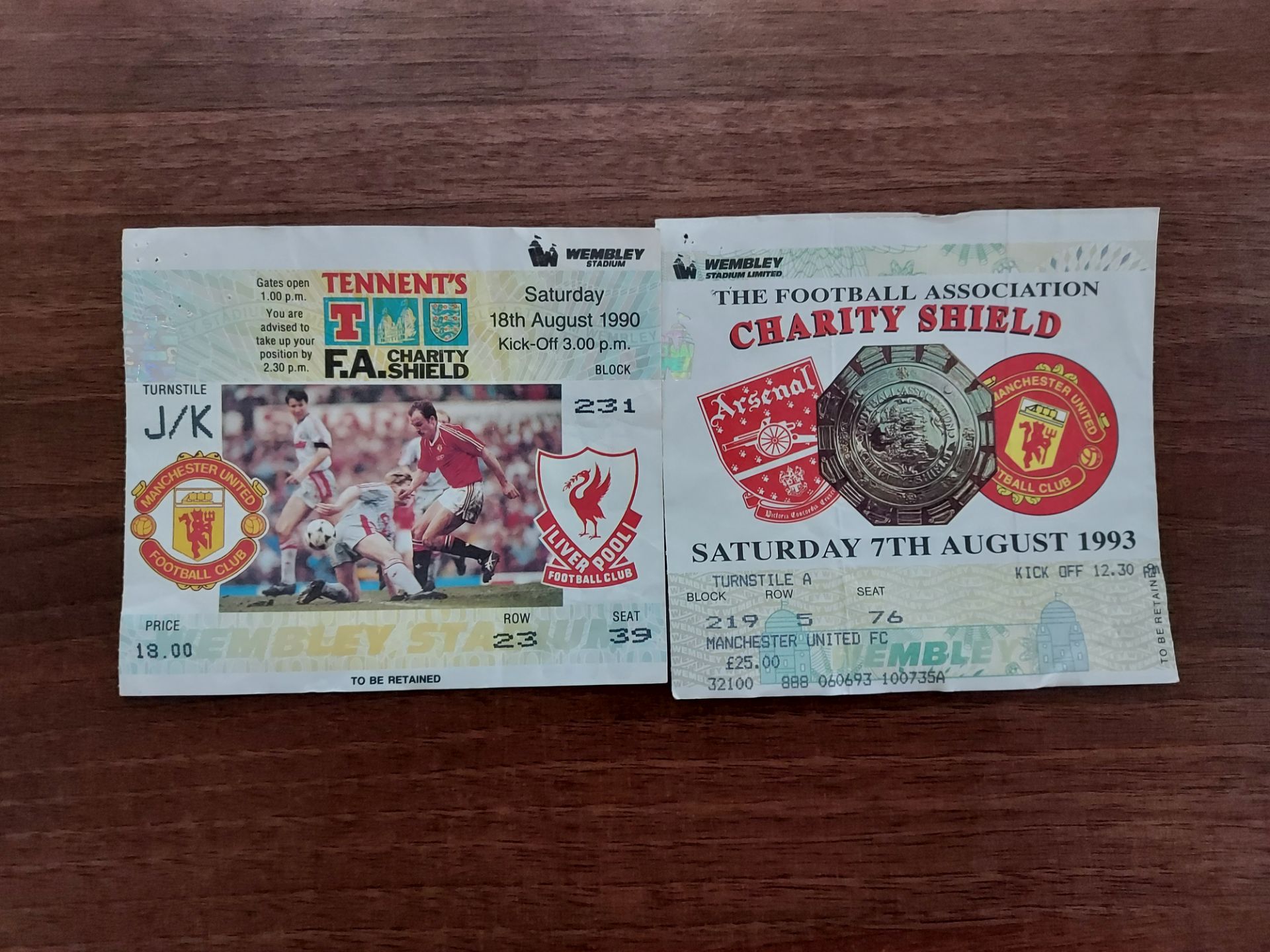 2 X CHARITY SHIELD TICKET STUBBS TO INC - LIVERPOOL 1990 & ARSENAL 1993