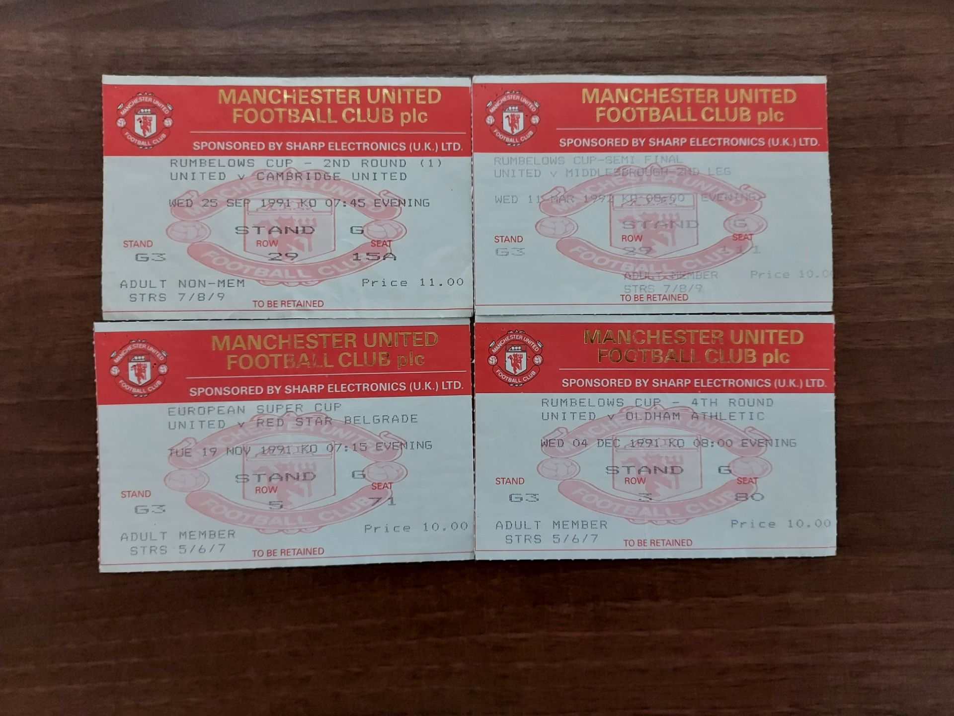 4 X TICKET STUBBS MANCHESTER UNITED VS CAMBRIDGE, RED STAR BELEGRADE, OLDHAM, MIDDLESBROUGH 1991/