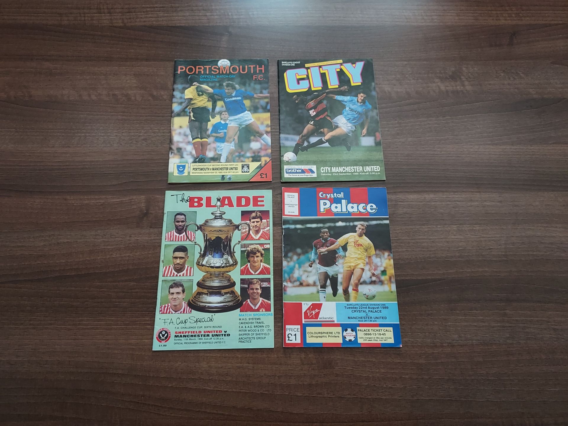 4 X MANCHESTER UNITED AWAY PROGRAMS TO INC - PALACE, MAN CITY, PORTSMOUTH, SHEFFIELD UNITED 1989/90