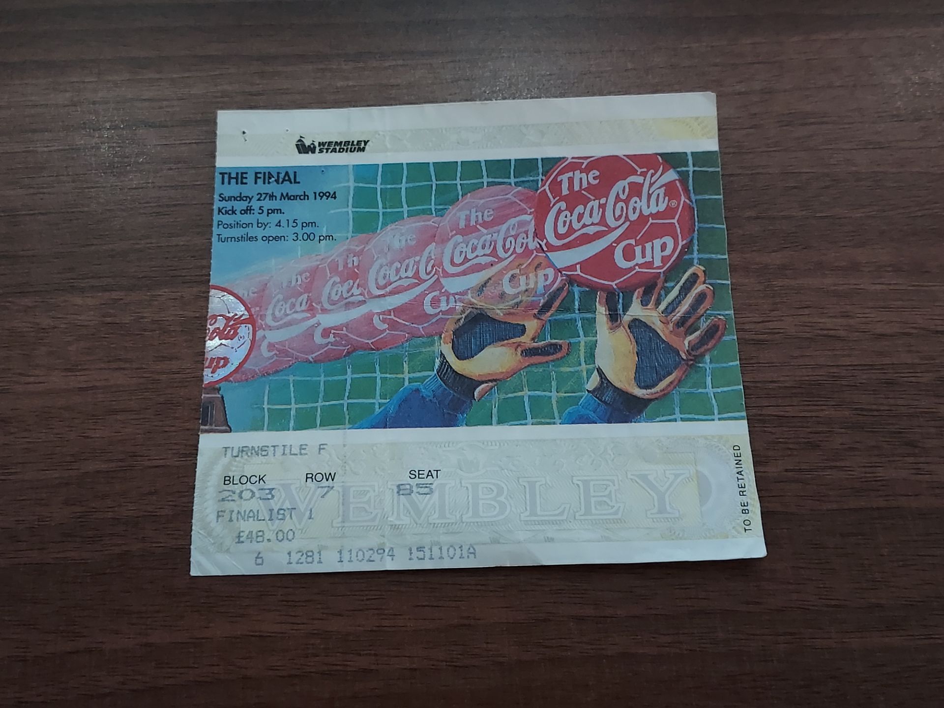 1 X TICKET STUBB (COCA COLA FINAL) MAN UTD VS VILLA 1993/94 SEASON