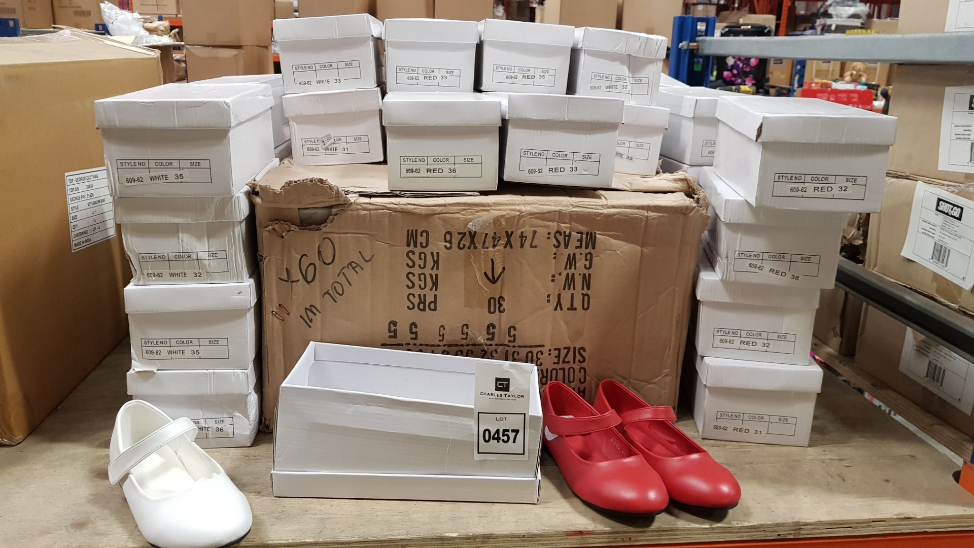 60 X BRAND NEW MIXED SHOE LOT CONTAINING RED AND WHITE OPEN FOOT STRAP SHOES IN VARIOUS SIZES