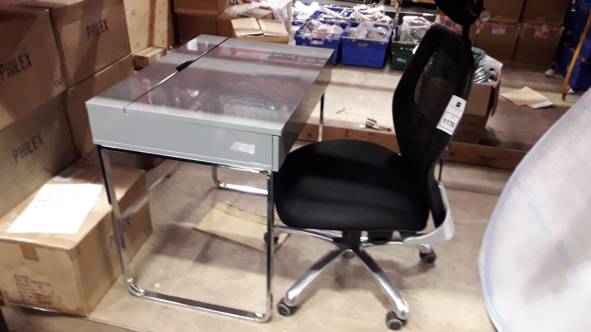 2 PIECE LOT CONTAINING GREY DESK ( 75 HEIGHT , 80 LENGTH , 57 WIDTH CMS ) ALSO COMES WITH ADJUSTABLE